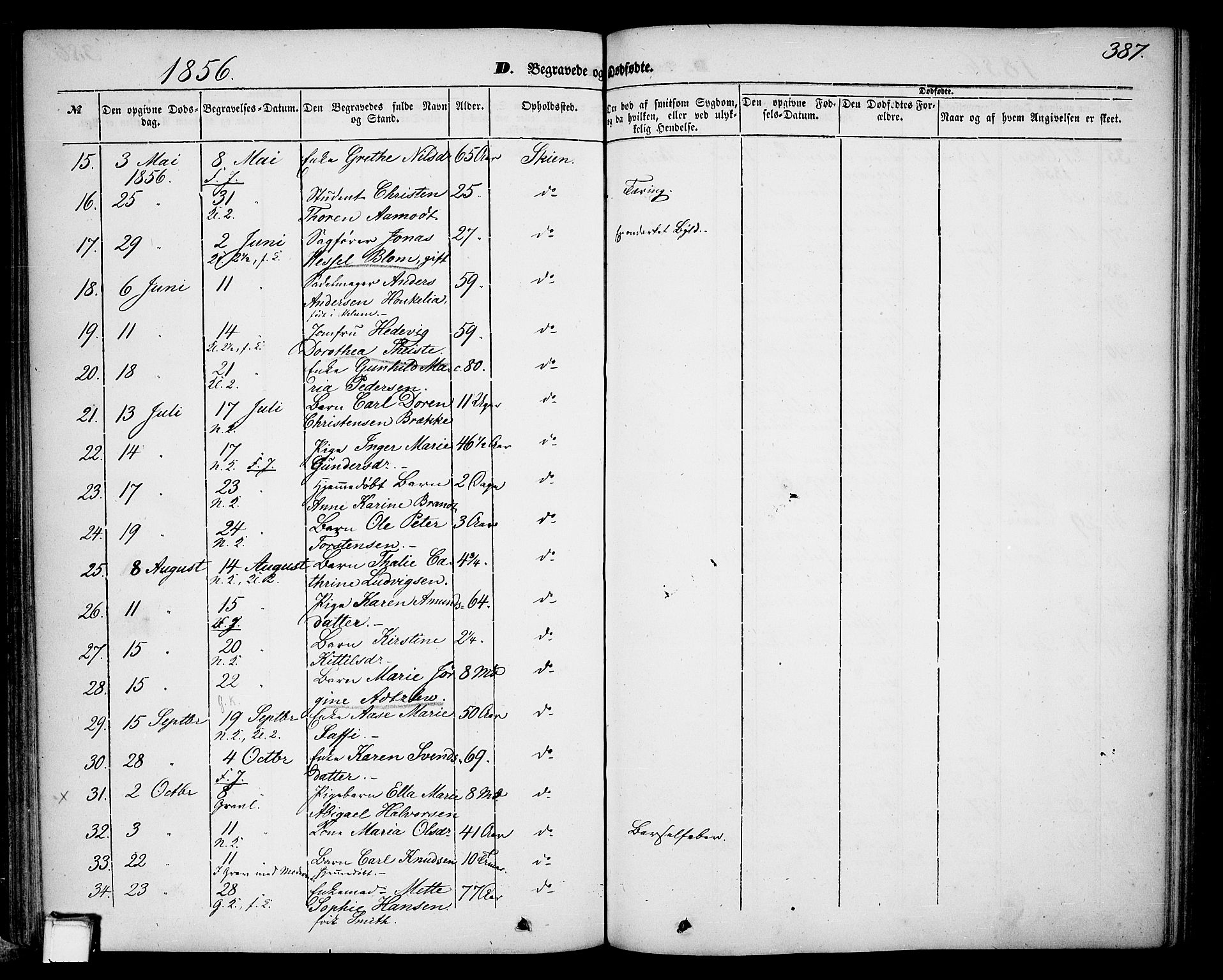 Skien kirkebøker, SAKO/A-302/G/Ga/L0004: Parish register (copy) no. 4, 1843-1867, p. 387