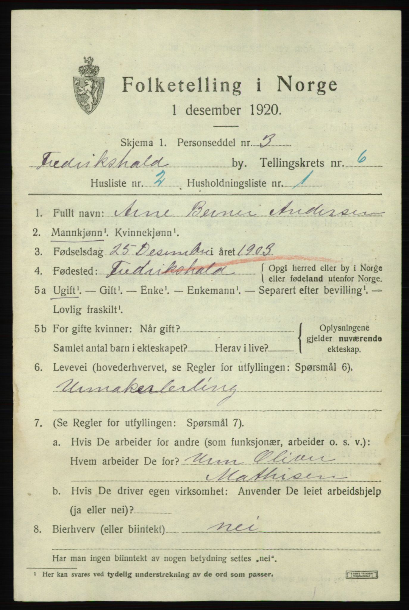 SAO, 1920 census for Fredrikshald, 1920, p. 12824