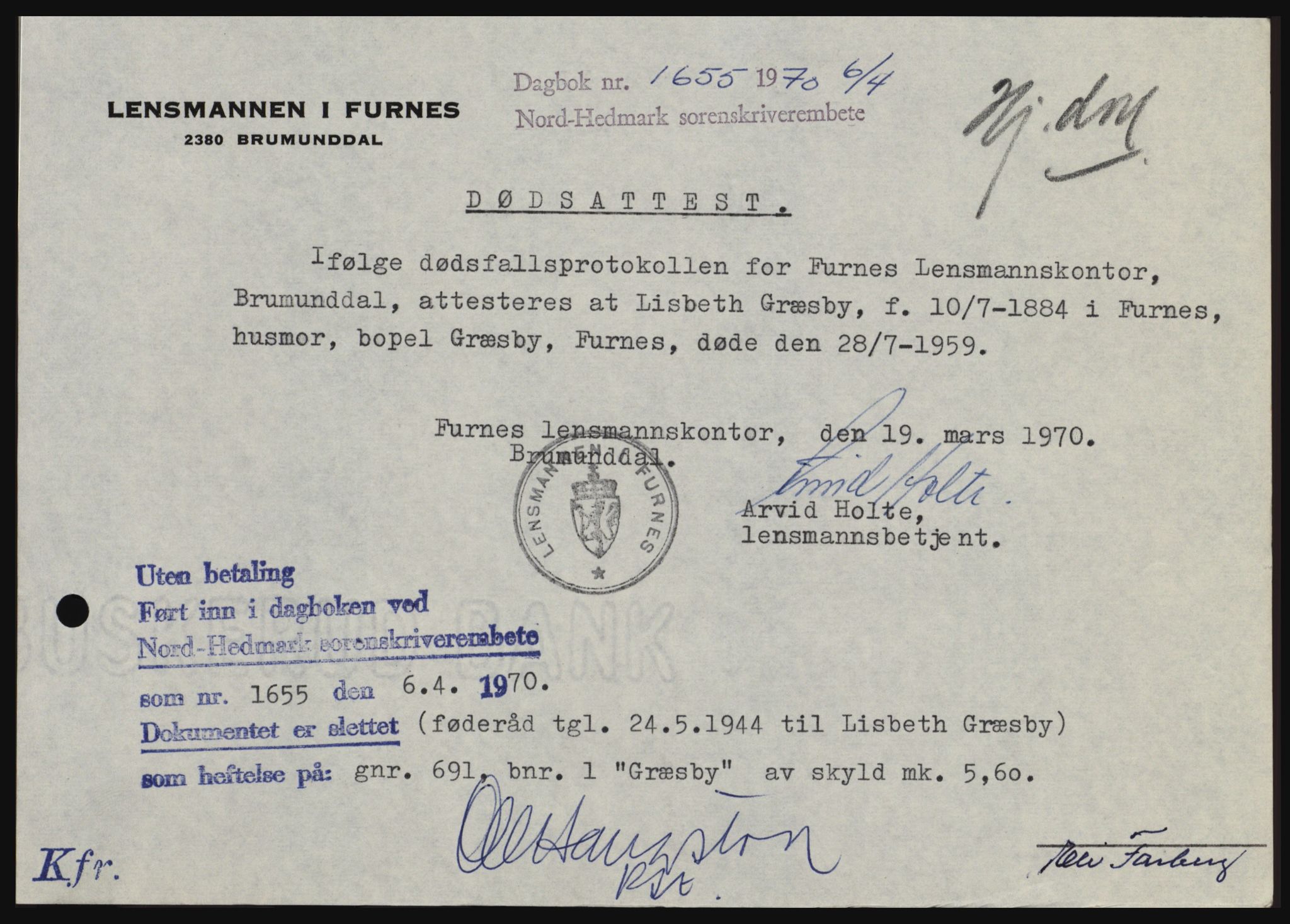 Nord-Hedmark sorenskriveri, SAH/TING-012/H/Hc/L0033: Mortgage book no. 33, 1970-1970, Diary no: : 1655/1970