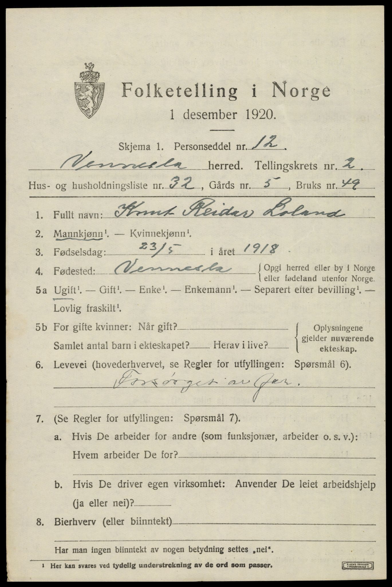 SAK, 1920 census for Vennesla, 1920, p. 1900