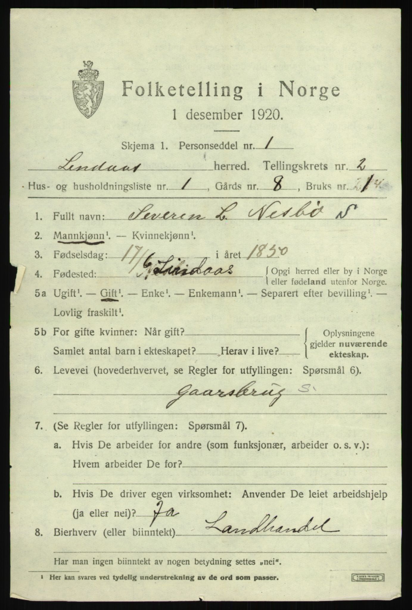 SAB, 1920 census for Lindås, 1920, p. 1587