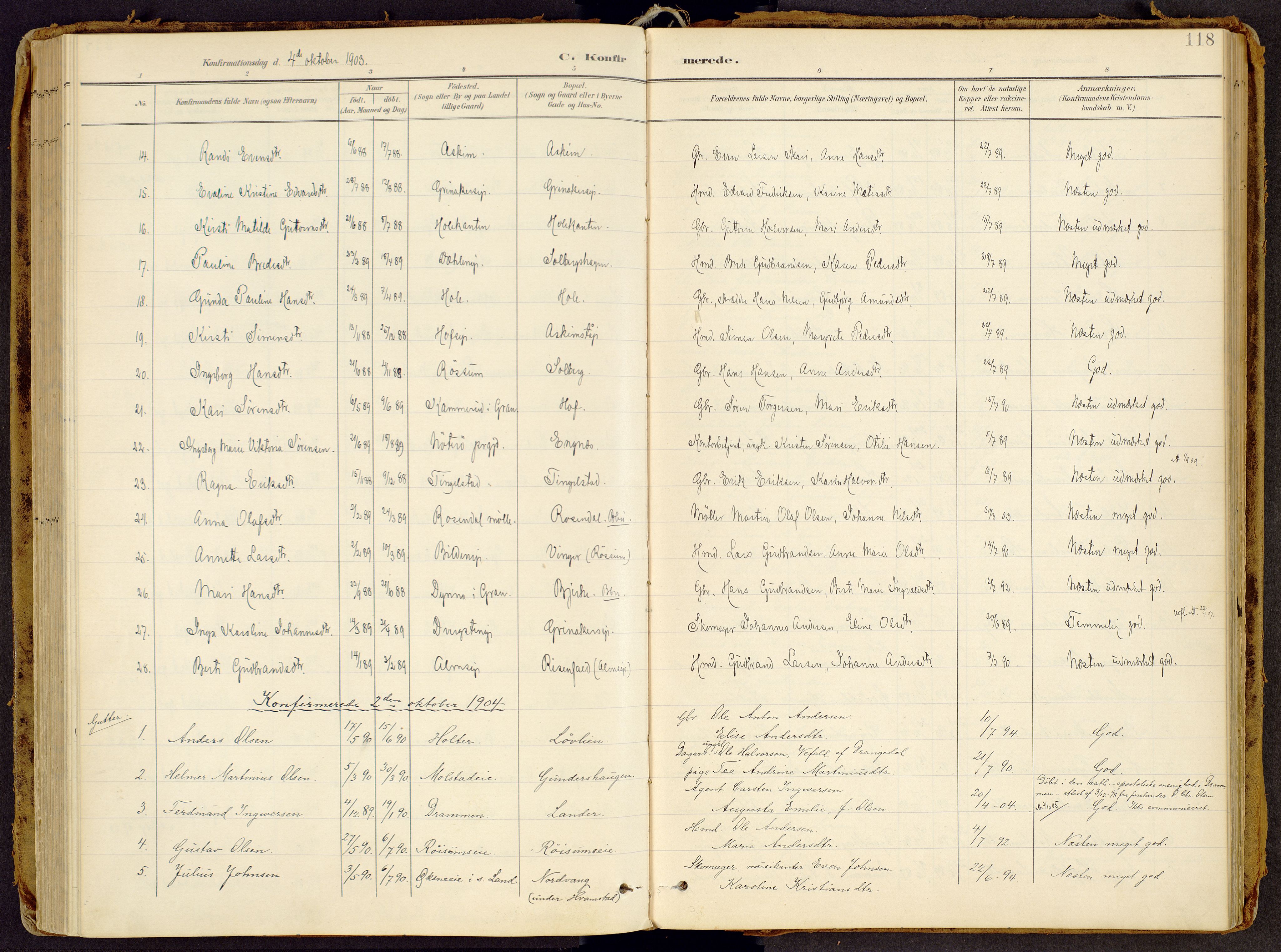 Brandbu prestekontor, SAH/PREST-114/H/Ha/Haa/L0002: Parish register (official) no. 2, 1899-1914, p. 118
