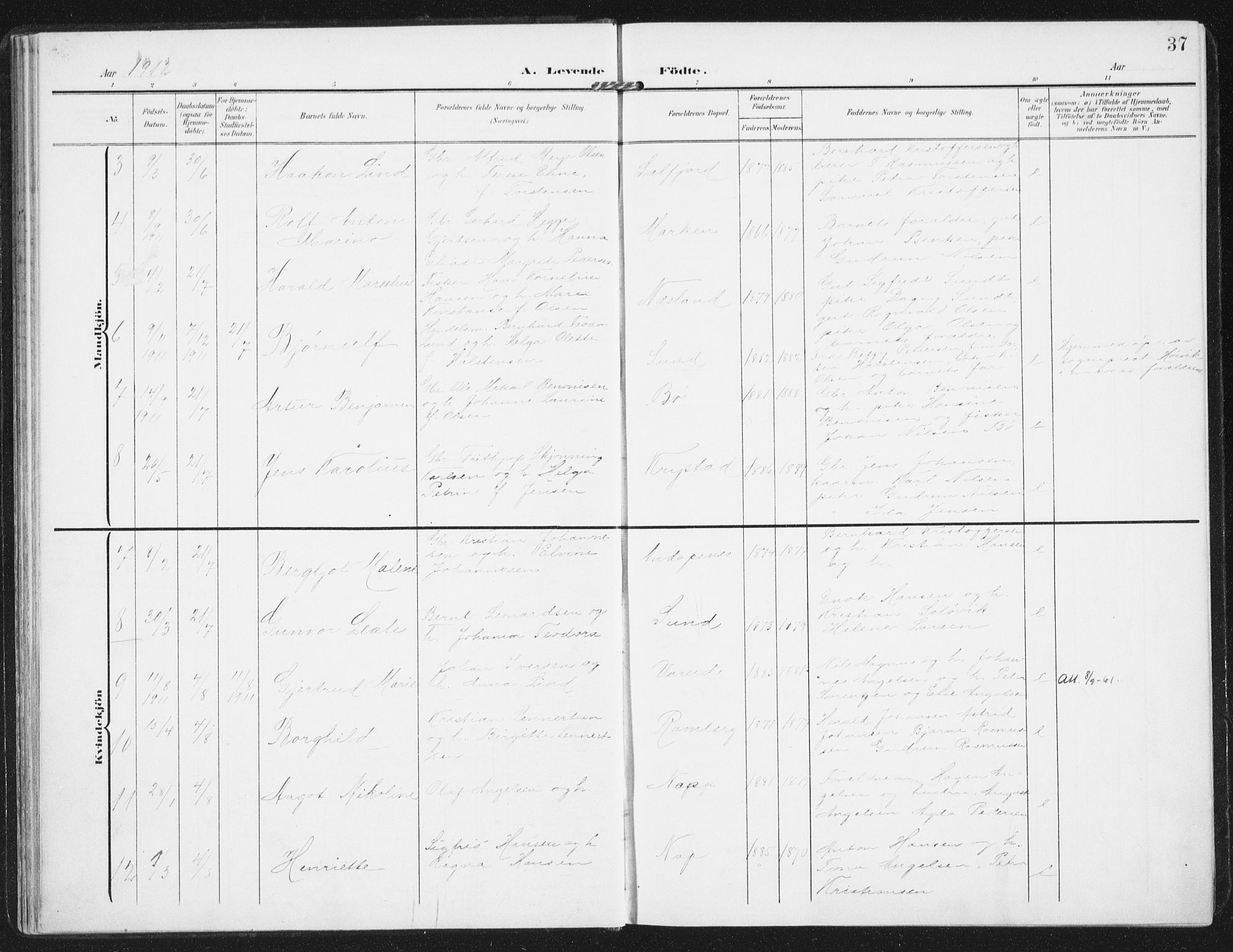 Ministerialprotokoller, klokkerbøker og fødselsregistre - Nordland, SAT/A-1459/885/L1206: Parish register (official) no. 885A07, 1905-1915, p. 37