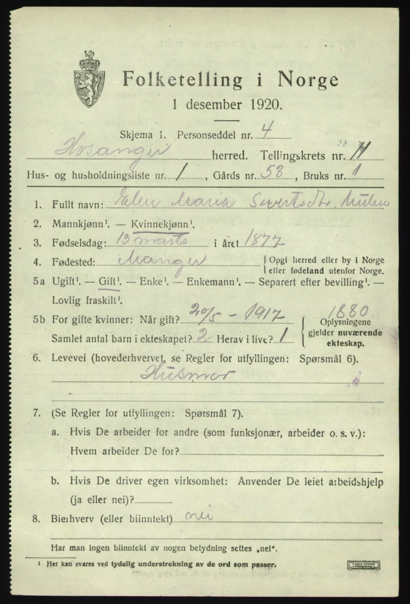 SAB, 1920 census for Hosanger, 1920, p. 4705