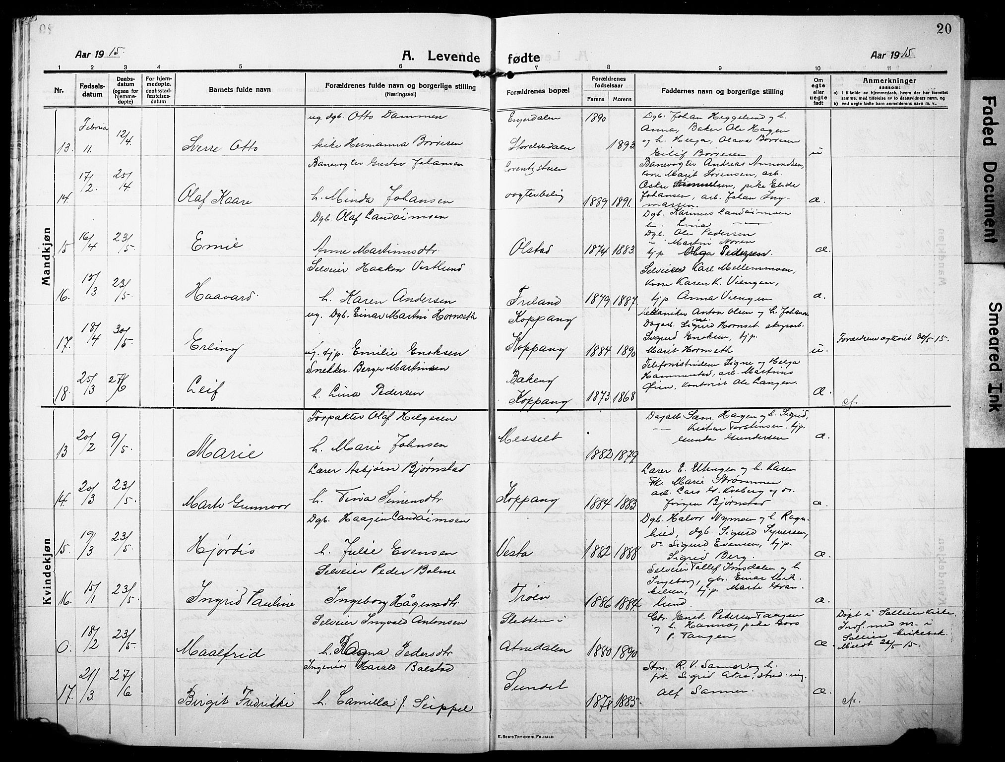 Stor-Elvdal prestekontor, SAH/PREST-052/H/Ha/Hab/L0005: Parish register (copy) no. 5, 1913-1932, p. 20