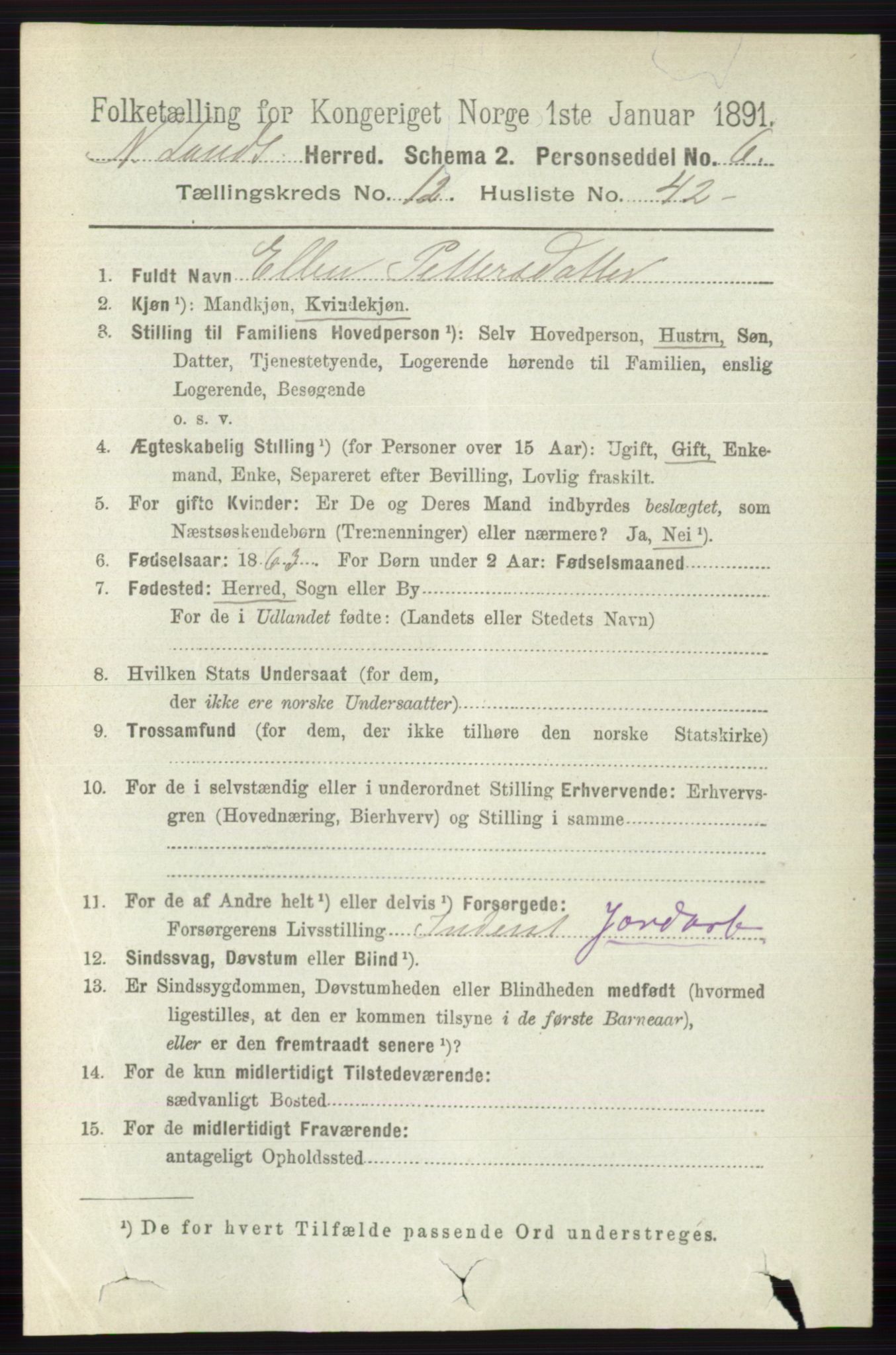 RA, 1891 census for 0538 Nordre Land, 1891, p. 3470