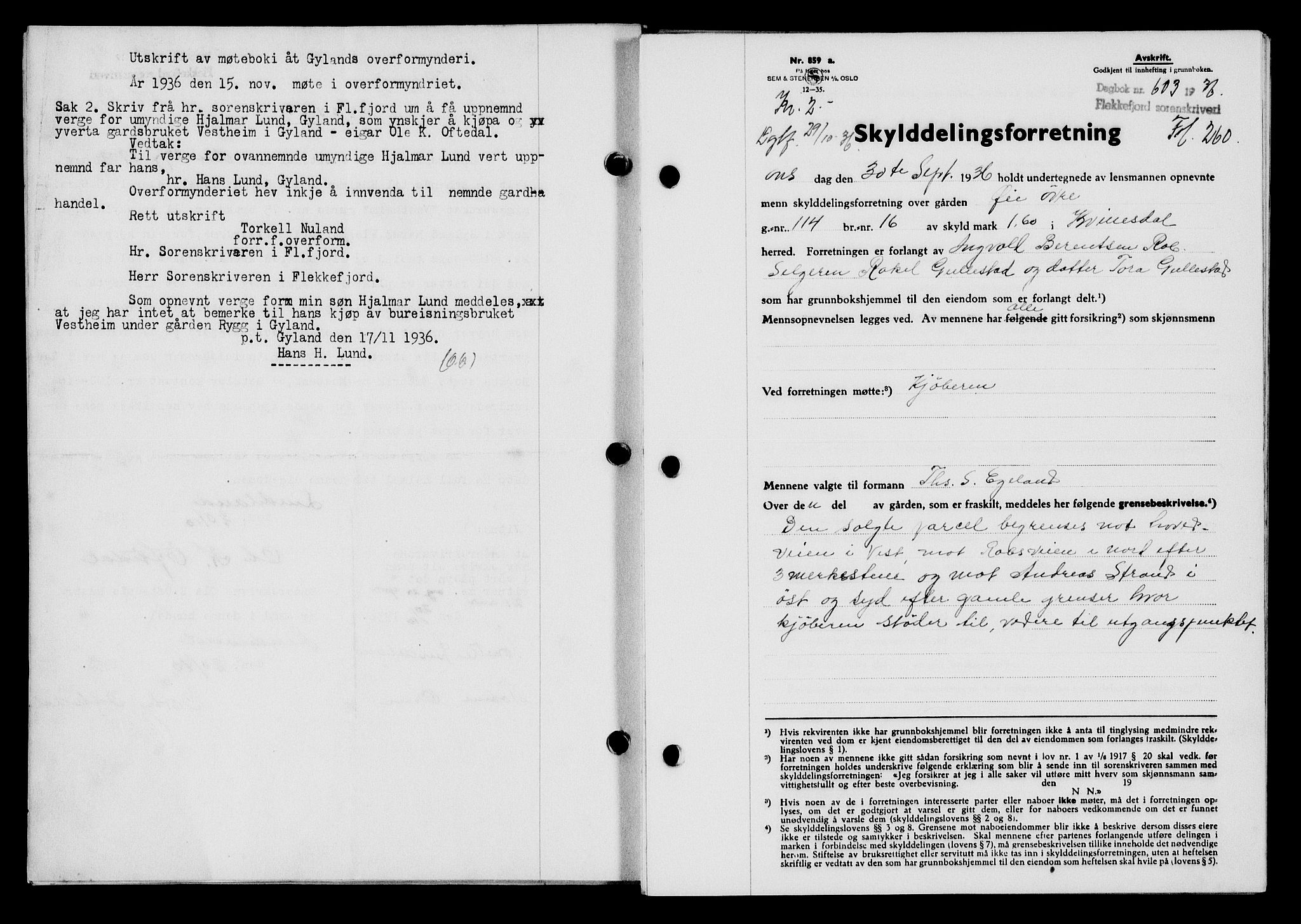 Flekkefjord sorenskriveri, SAK/1221-0001/G/Gb/Gba/L0053: Mortgage book no. A-1, 1936-1937, Diary no: : 603/1936