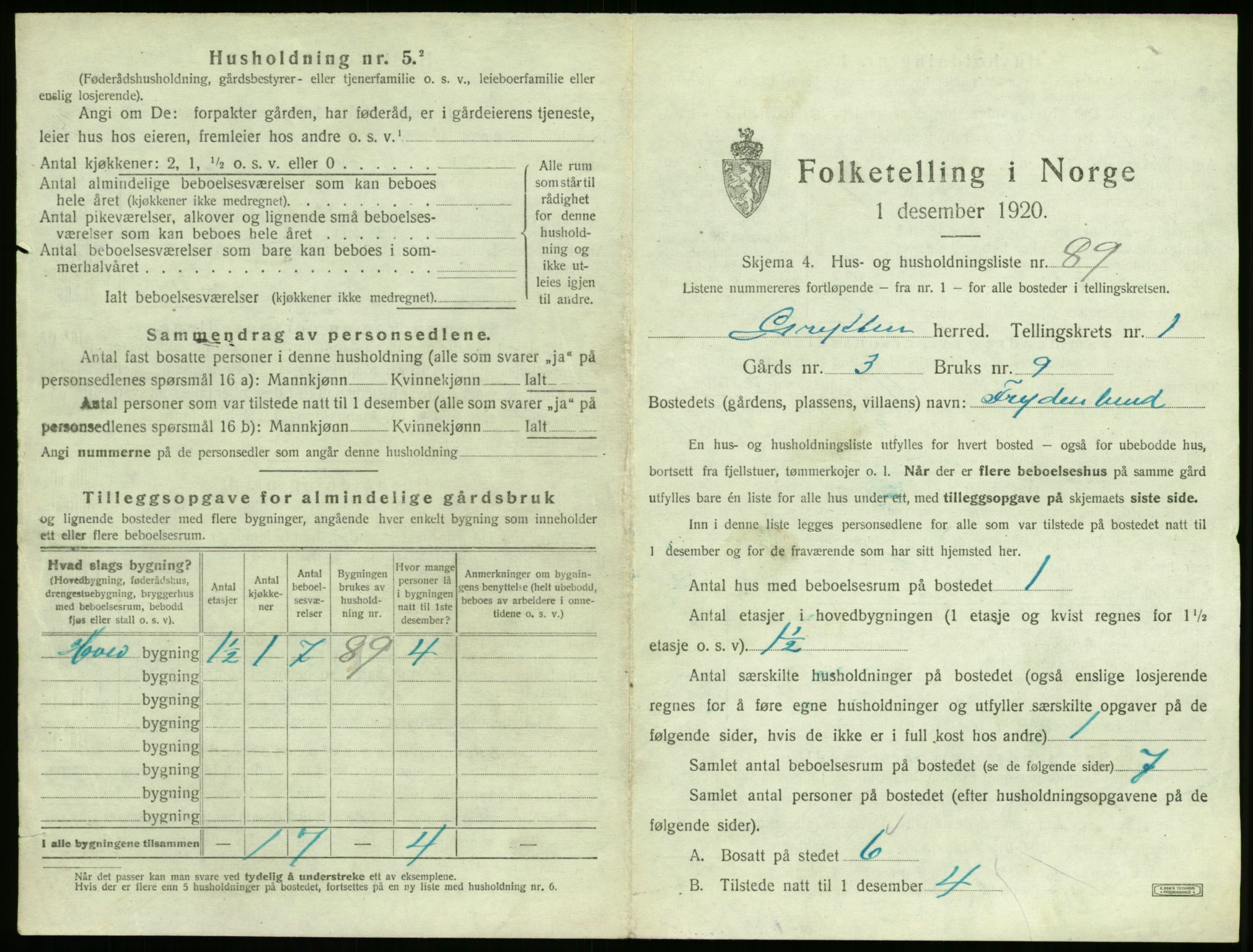 SAT, 1920 census for Grytten, 1920, p. 210