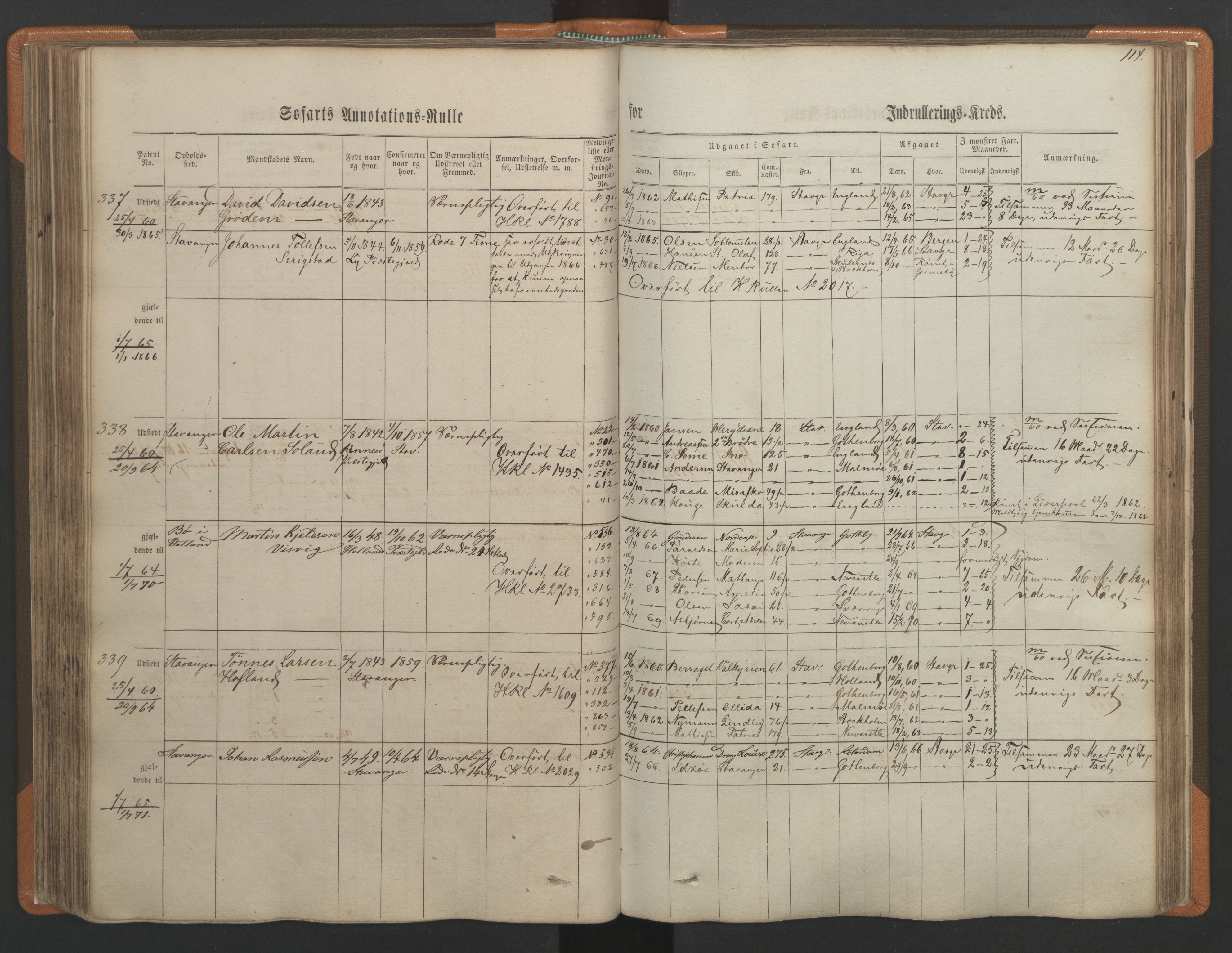 Stavanger sjømannskontor, AV/SAST-A-102006/F/Ff/L0001: Annotasjonsrulle, patentnr. 1-597 (del 1), 1860-1864, p. 123