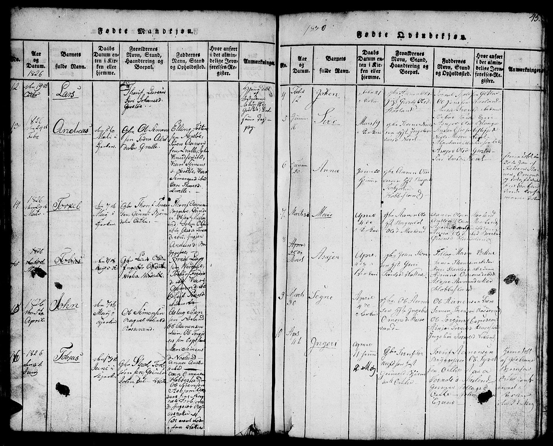 Hægebostad sokneprestkontor, AV/SAK-1111-0024/F/Fb/Fbb/L0001: Parish register (copy) no. B 1, 1816-1850, p. 45