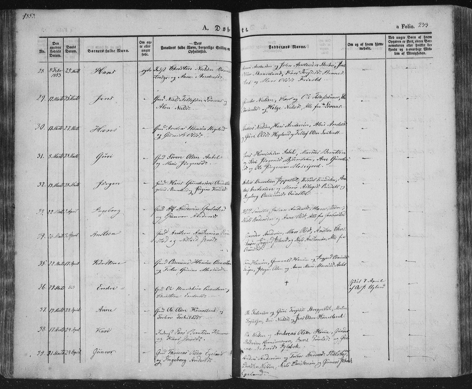 Vennesla sokneprestkontor, AV/SAK-1111-0045/Fa/Fac/L0004: Parish register (official) no. A 4, 1834-1855, p. 233