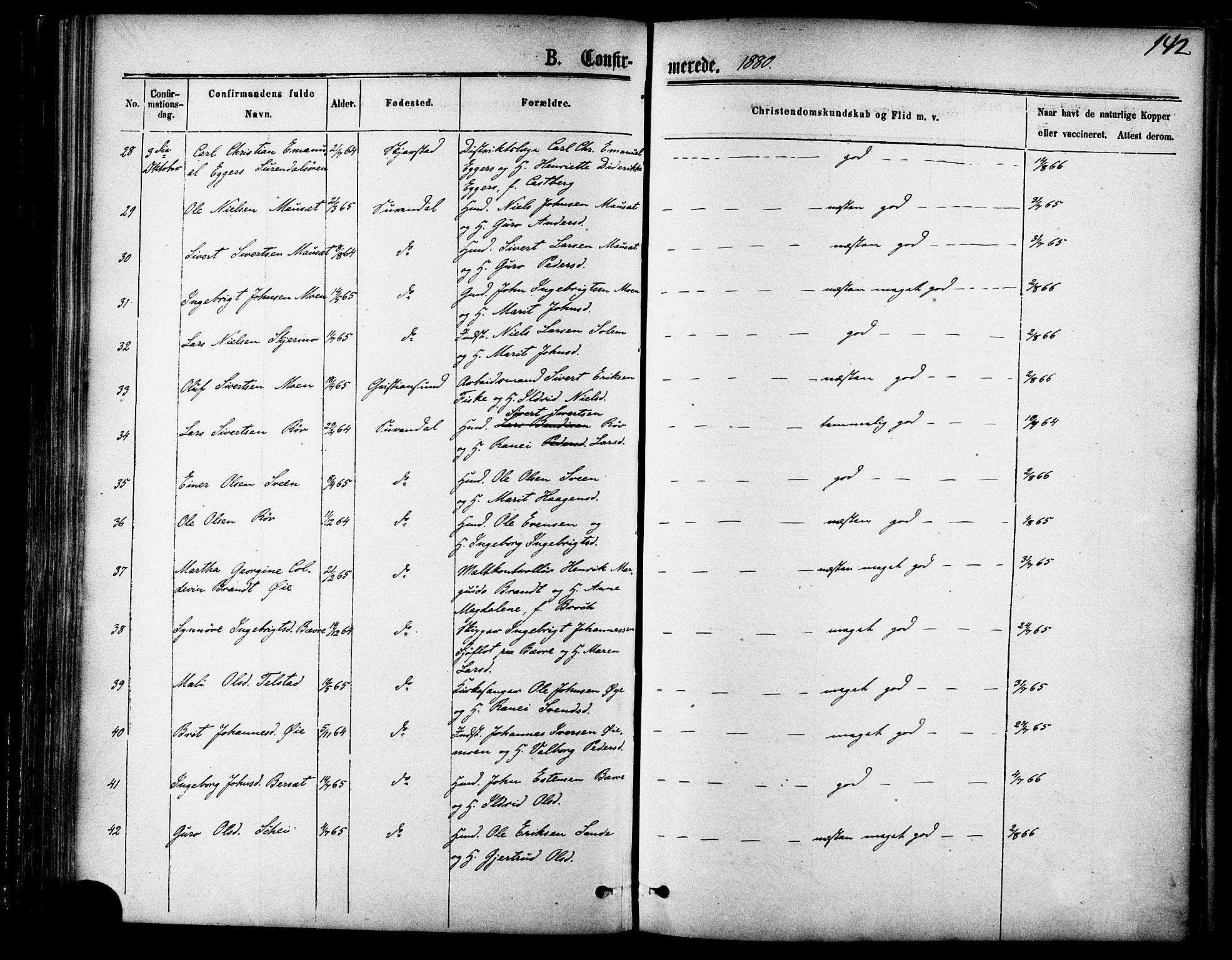 Ministerialprotokoller, klokkerbøker og fødselsregistre - Møre og Romsdal, AV/SAT-A-1454/595/L1046: Parish register (official) no. 595A08, 1874-1884, p. 142