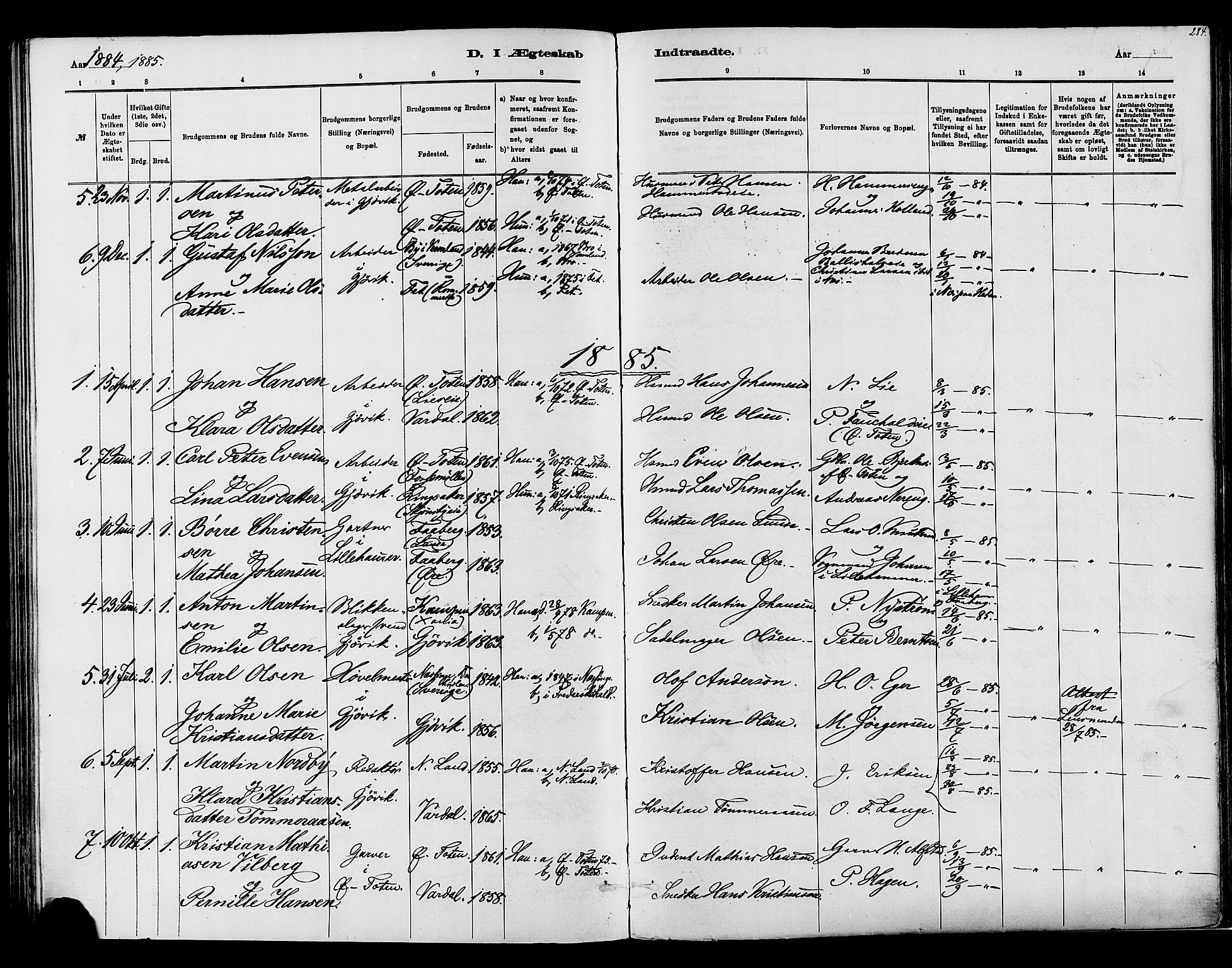 Vardal prestekontor, SAH/PREST-100/H/Ha/Haa/L0008: Parish register (official) no. 8, 1878-1890, p. 284