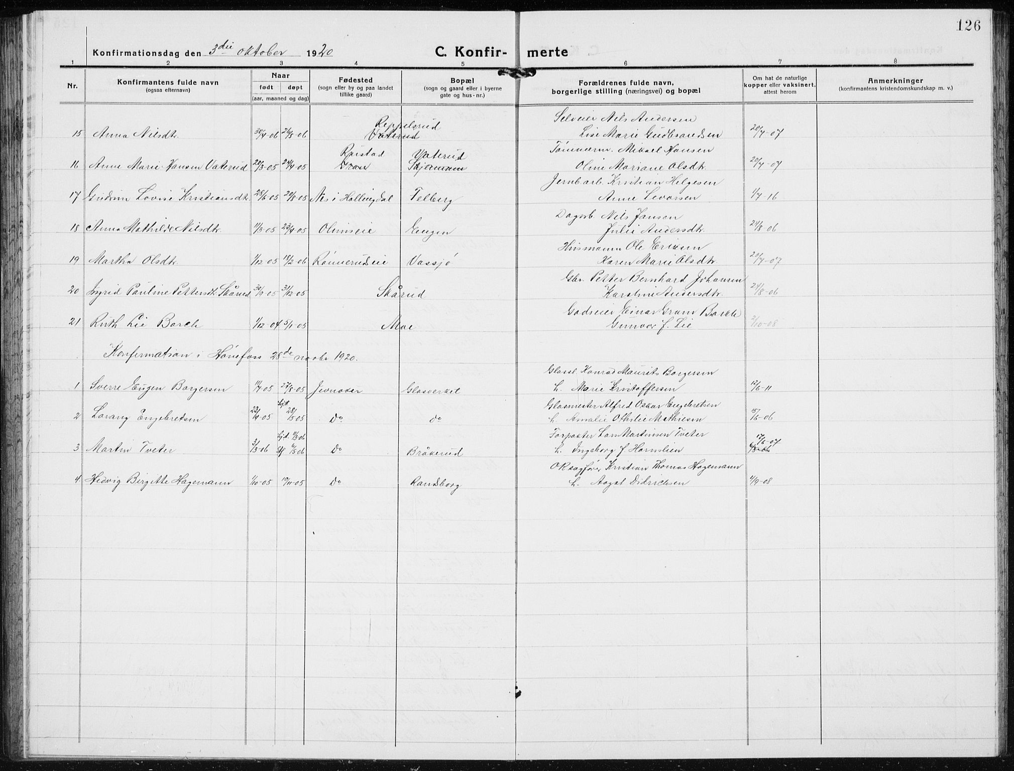 Jevnaker prestekontor, SAH/PREST-116/H/Ha/Hab/L0005: Parish register (copy) no. 5, 1919-1934, p. 126