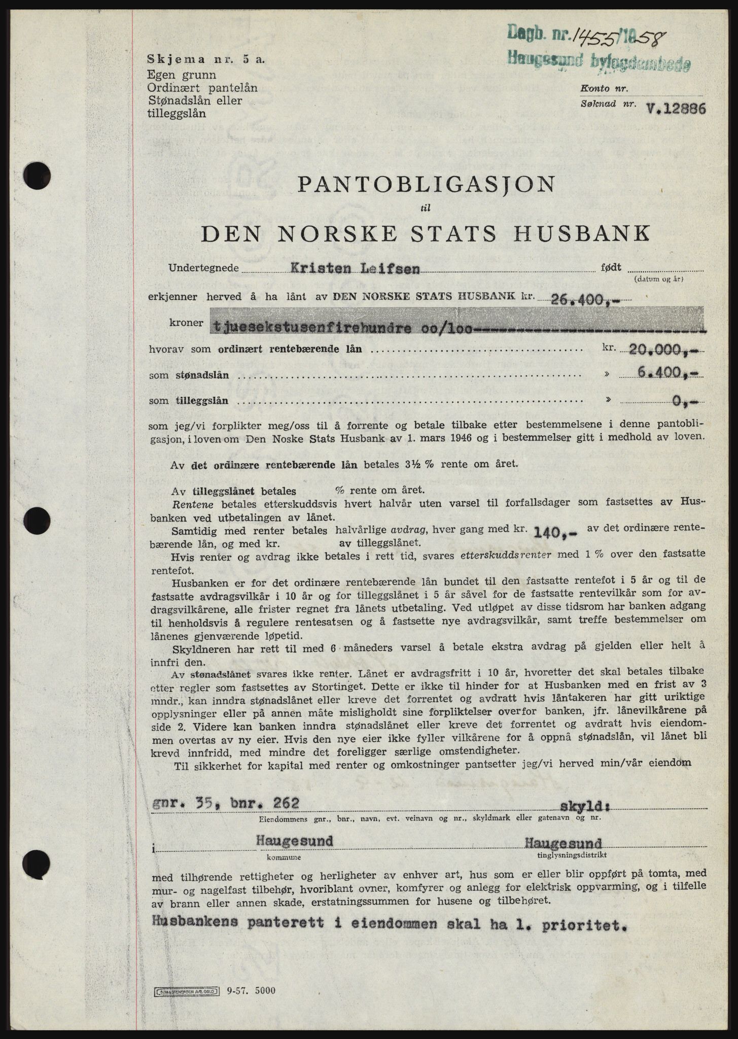 Haugesund tingrett, SAST/A-101415/01/II/IIC/L0044: Mortgage book no. B 44, 1958-1959, Diary no: : 1455/1958