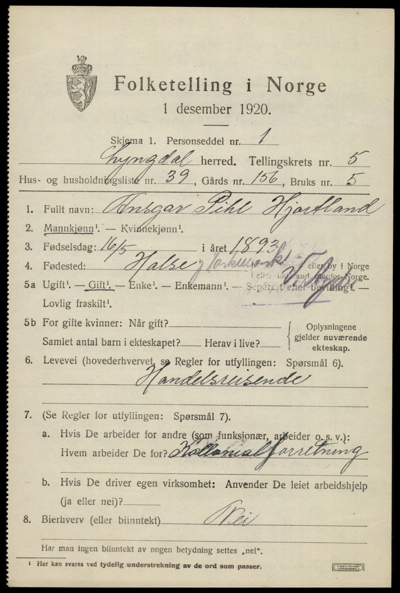 SAK, 1920 census for Lyngdal, 1920, p. 3335