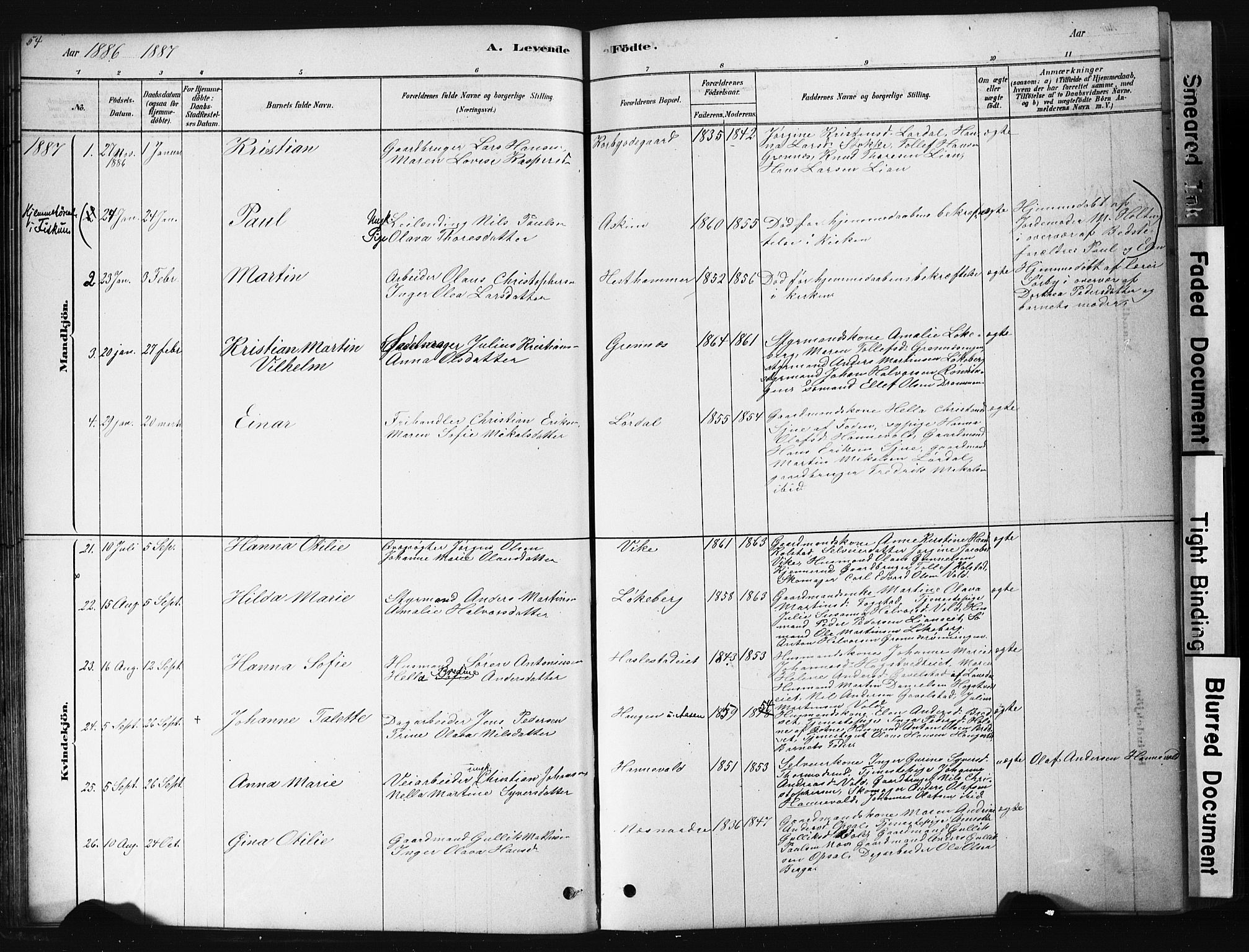 Hof kirkebøker, AV/SAKO-A-64/G/Ga/L0004: Parish register (copy) no. I 4, 1878-1930, p. 54