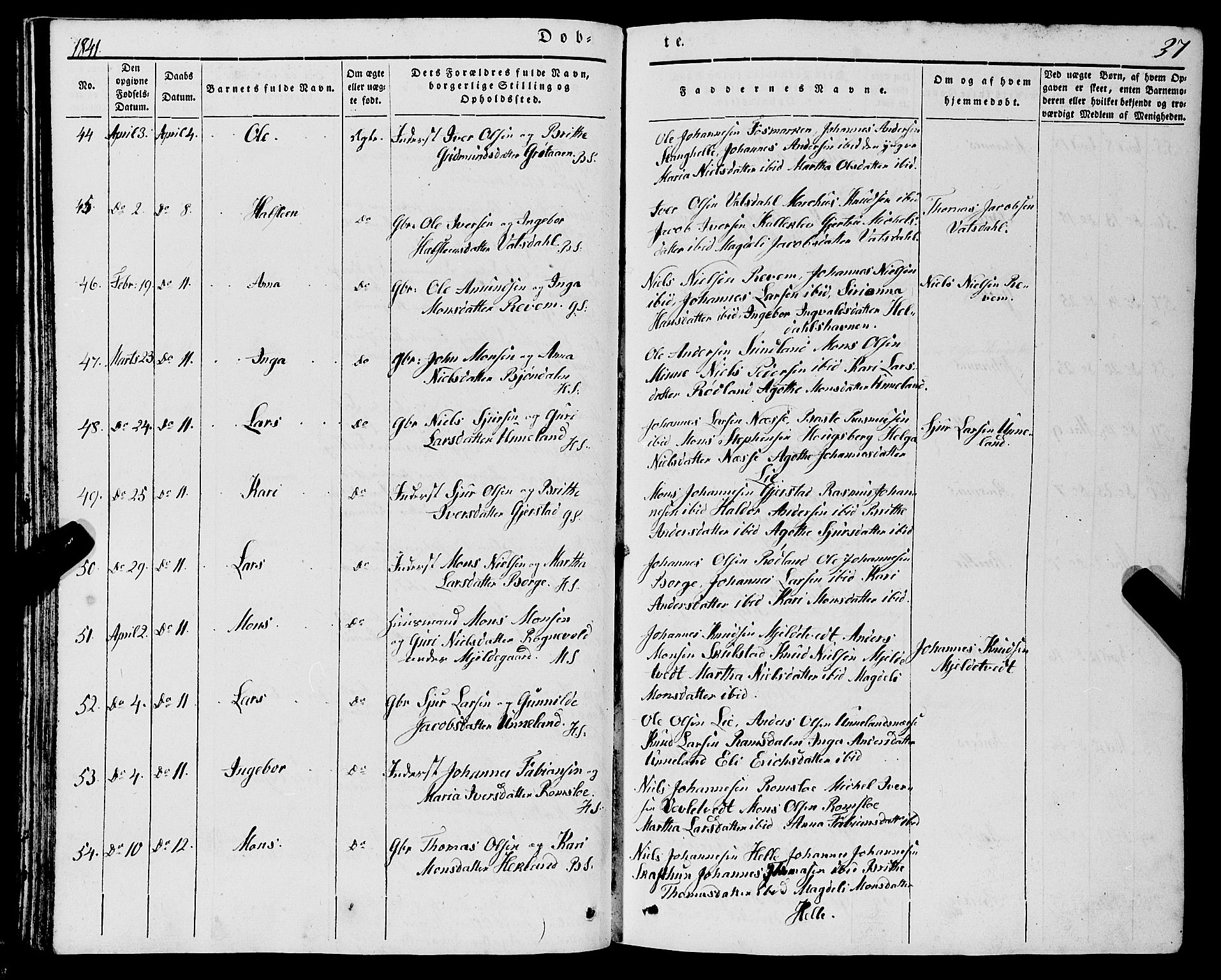 Haus sokneprestembete, AV/SAB-A-75601/H/Haa: Parish register (official) no. A 15, 1838-1847, p. 37