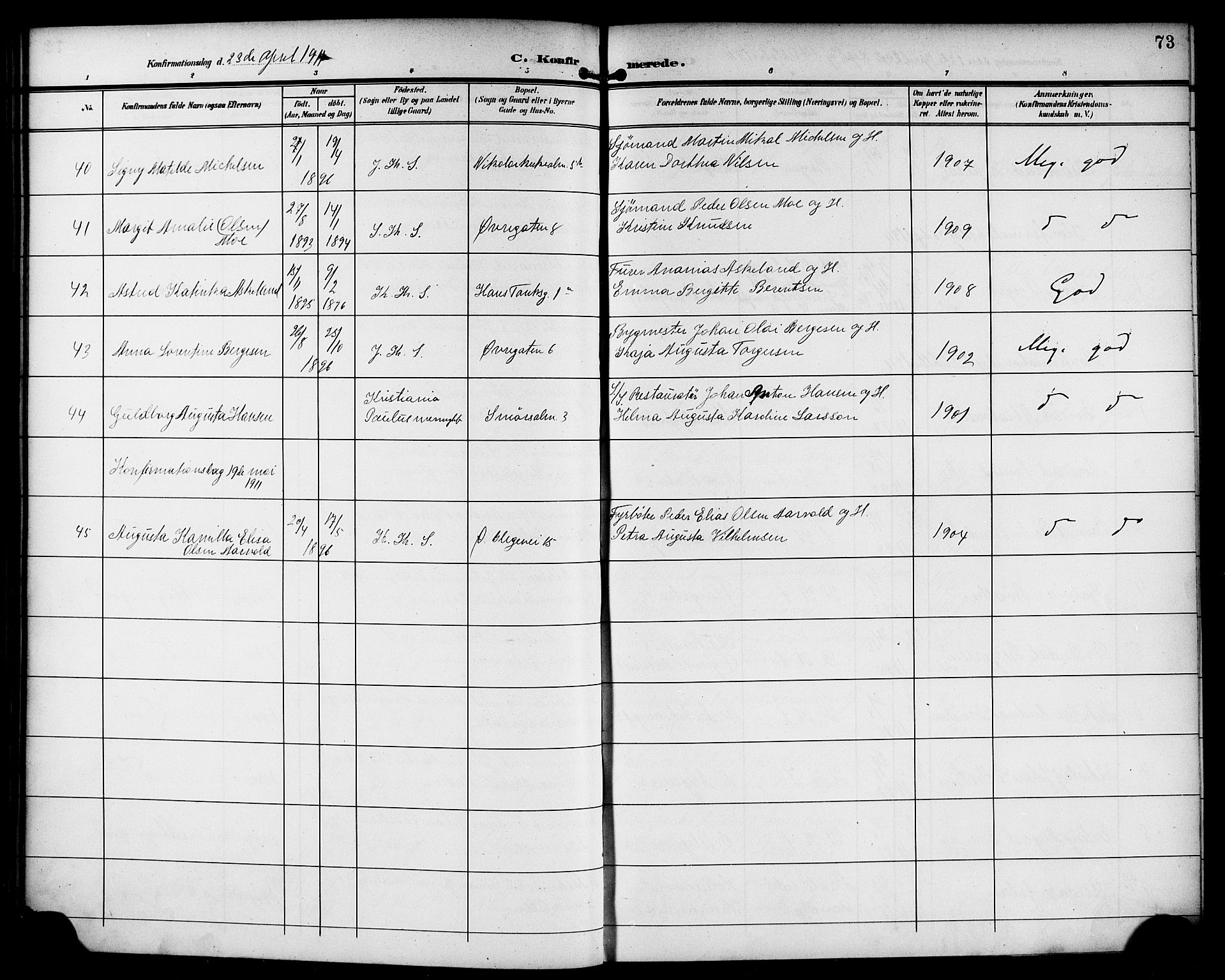 Korskirken sokneprestembete, SAB/A-76101/H/Haa/L0031: Parish register (official) no. C 7, 1907-1921, p. 73