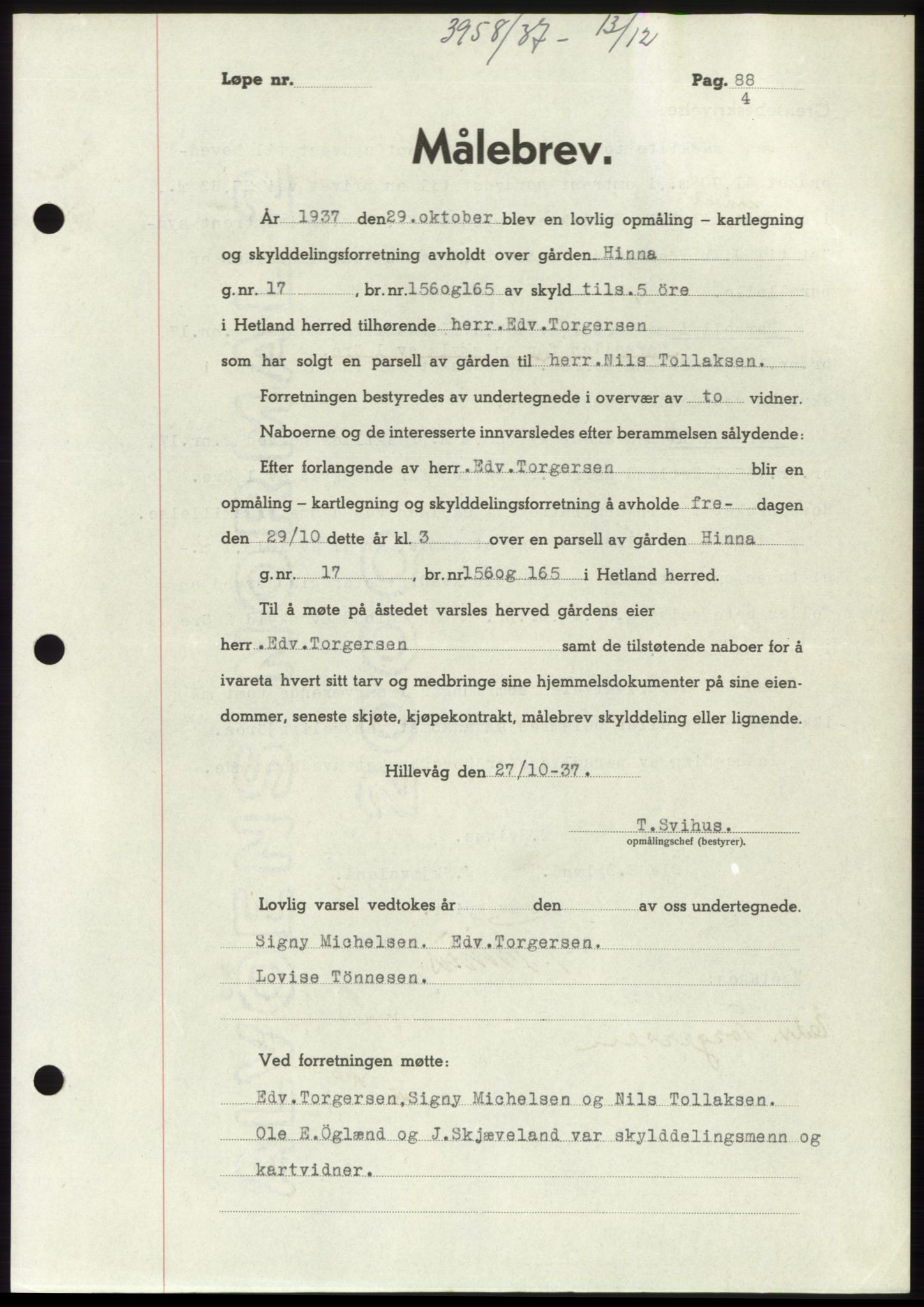 Jæren sorenskriveri, SAST/A-100310/03/G/Gba/L0069: Mortgage book, 1937-1937, Diary no: : 3958/1937