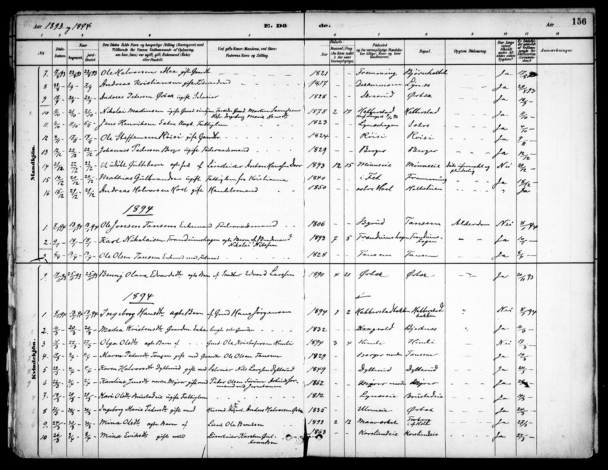 Eidsvoll prestekontor Kirkebøker, SAO/A-10888/F/Fb/L0001: Parish register (official) no. II 1, 1882-1897, p. 156