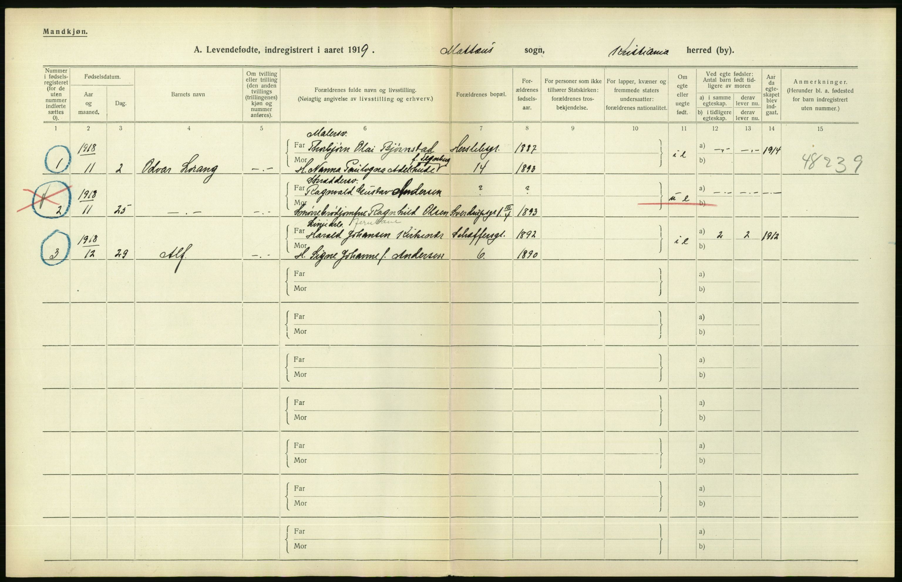 Statistisk sentralbyrå, Sosiodemografiske emner, Befolkning, RA/S-2228/D/Df/Dfb/Dfbi/L0008: Kristiania: Levendefødte menn og kvinner., 1919