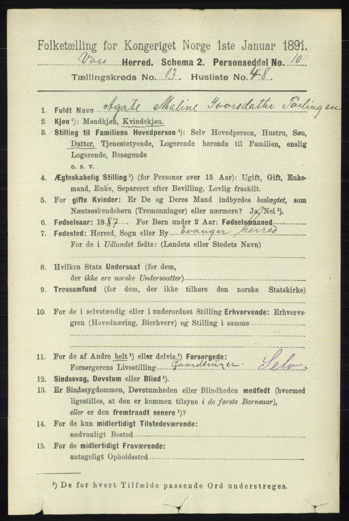 RA, 1891 census for 1235 Voss, 1891, p. 7174