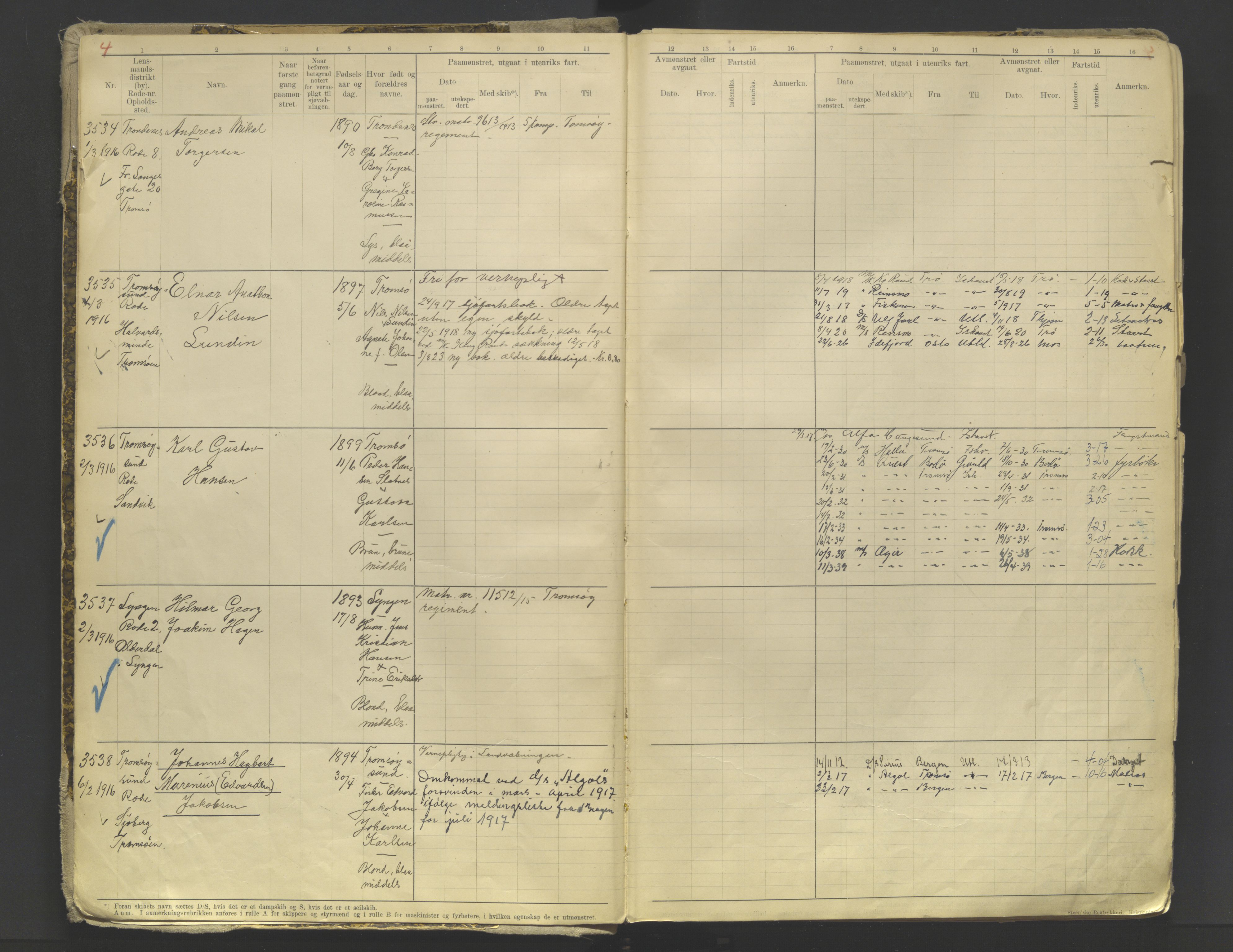 Tromsø sjømannskontor/innrullerings-/mønstringsdistrikt, AV/SATØ-S-0243/F/Fb/L0010: Annotasjonsrulle. Defekt: løs innbinding. Nr. 3519-4972, 1916-1920