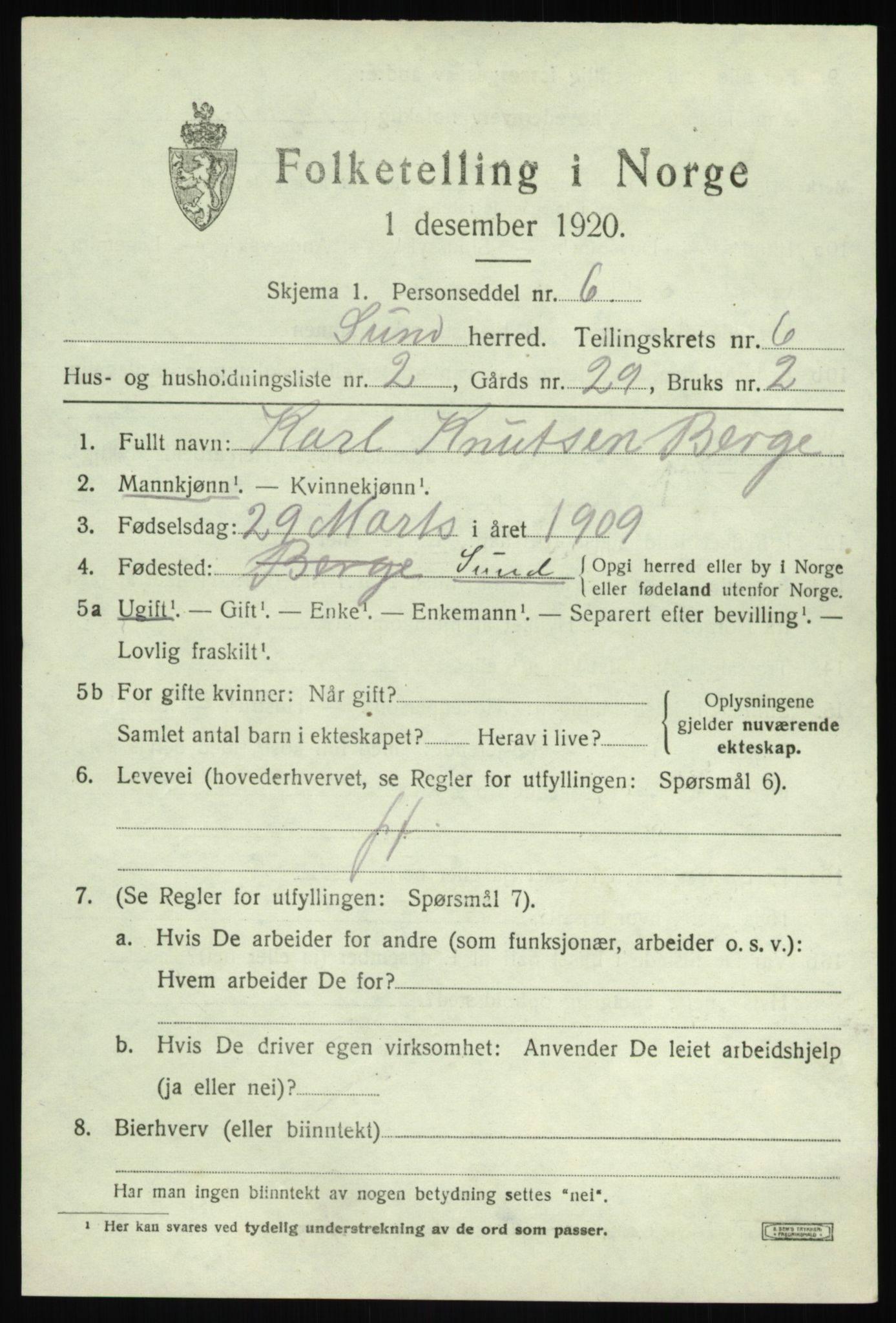 SAB, 1920 census for Sund, 1920, p. 3891