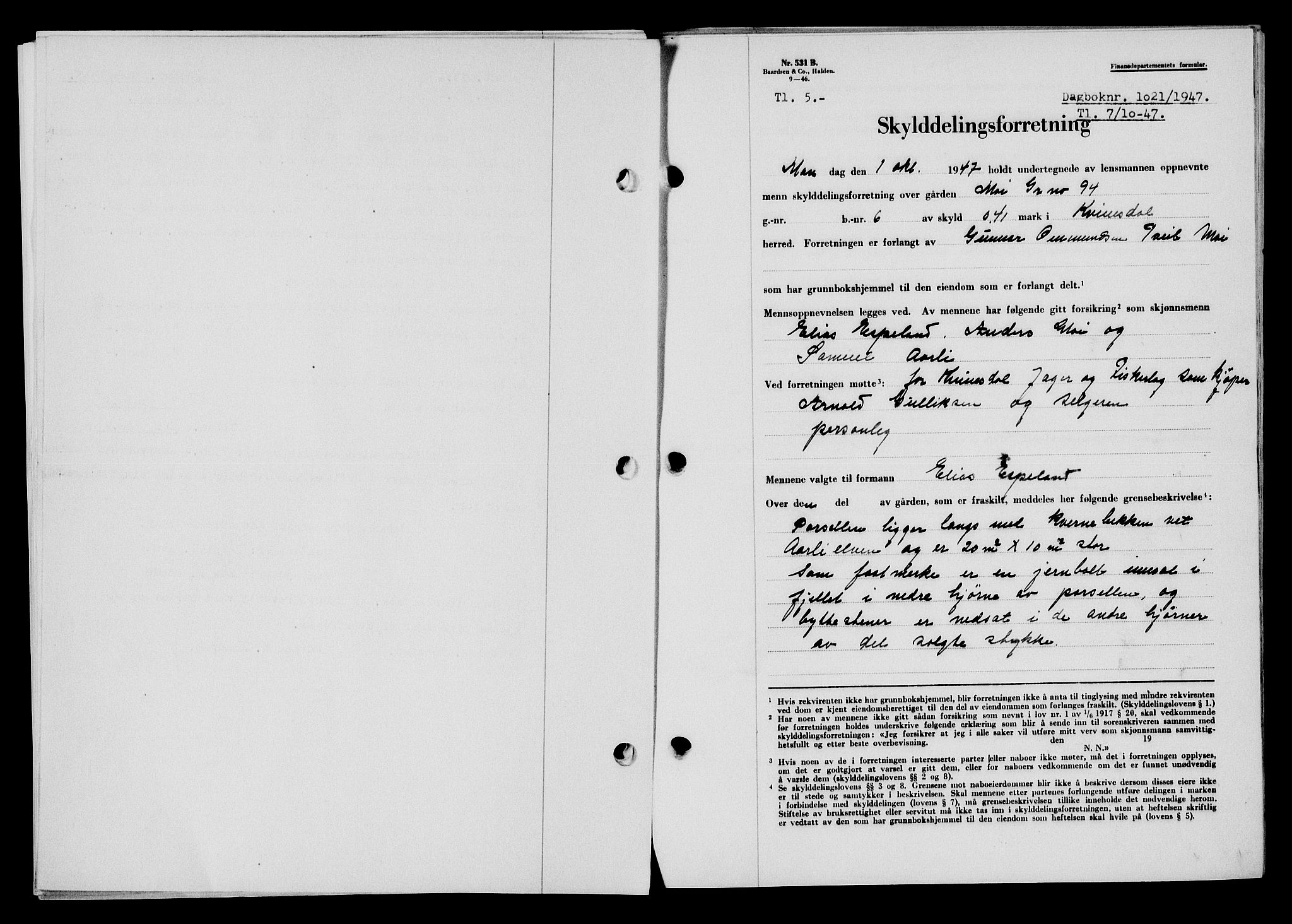 Flekkefjord sorenskriveri, SAK/1221-0001/G/Gb/Gba/L0062: Mortgage book no. A-10, 1947-1947, Diary no: : 1021/1947