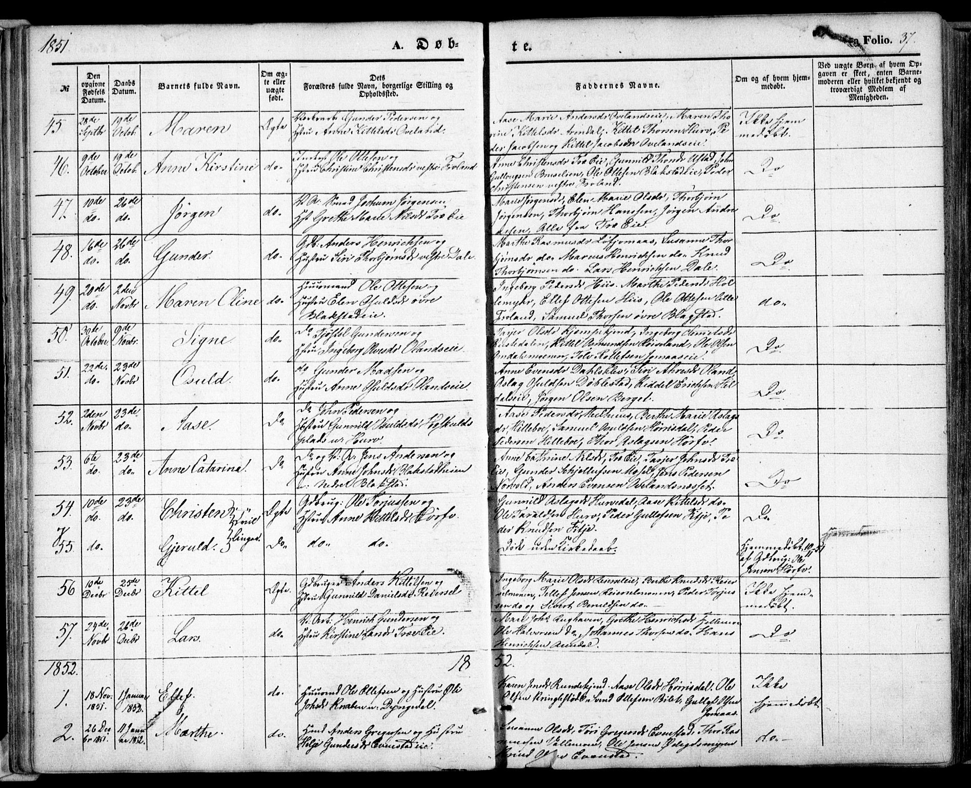 Froland sokneprestkontor, SAK/1111-0013/F/Fa/L0002: Parish register (official) no. A 2, 1845-1863, p. 37