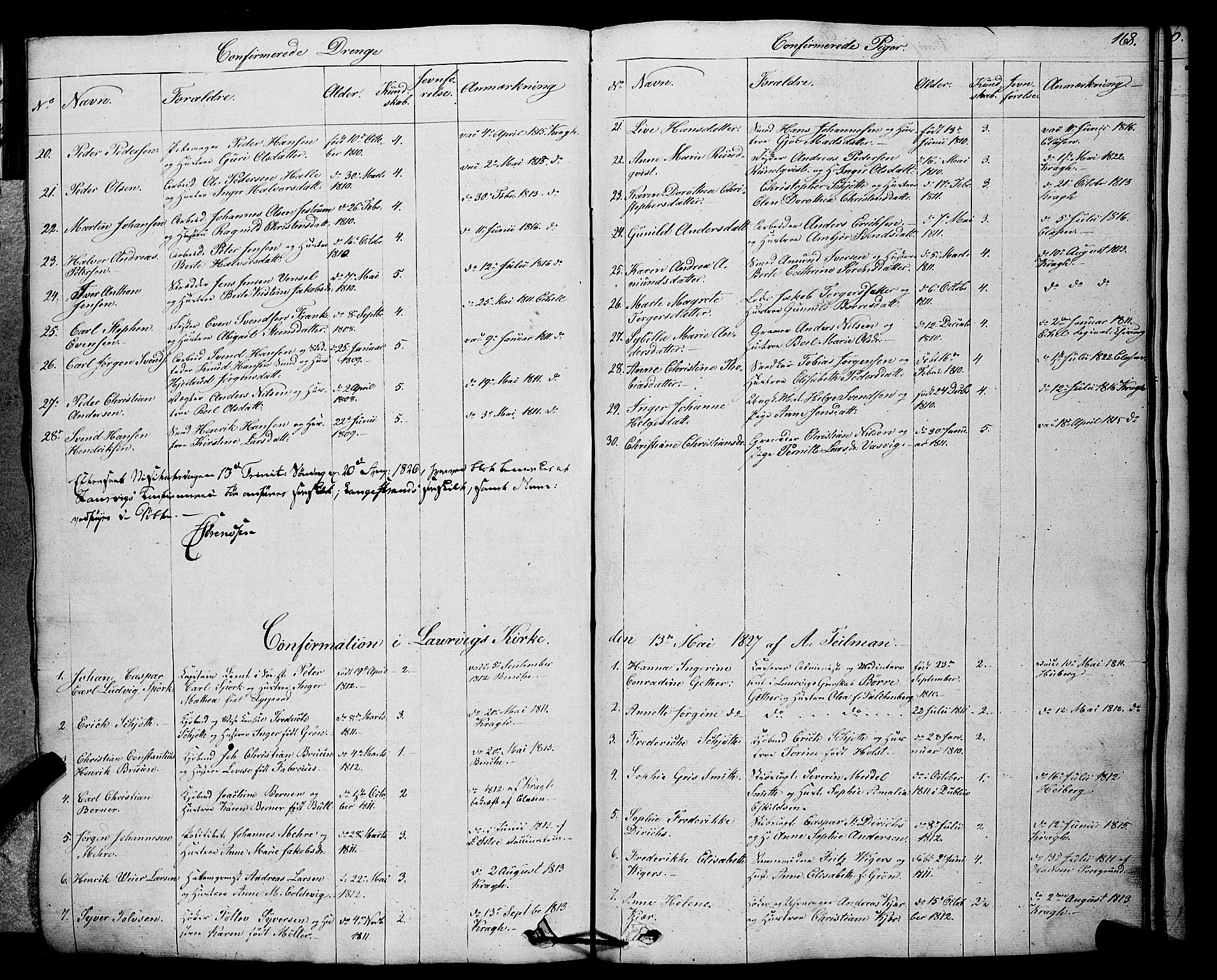 Larvik kirkebøker, SAKO/A-352/F/Fa/L0002: Parish register (official) no. I 2, 1825-1847, p. 168