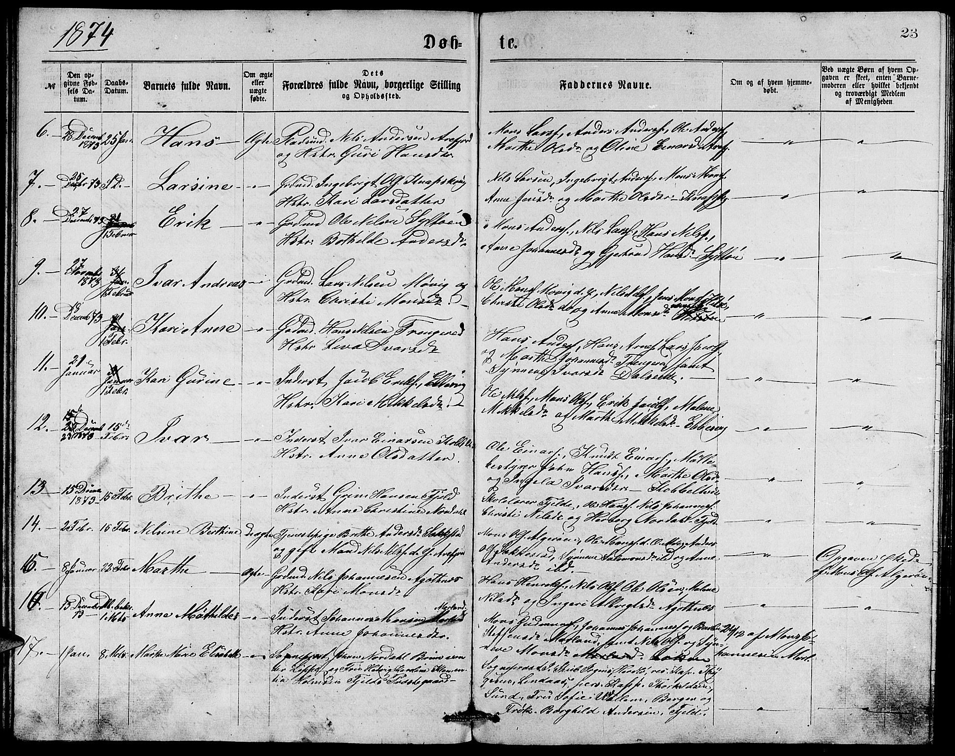 Fjell sokneprestembete, AV/SAB-A-75301/H/Hab: Parish register (copy) no. A 2, 1871-1879, p. 23