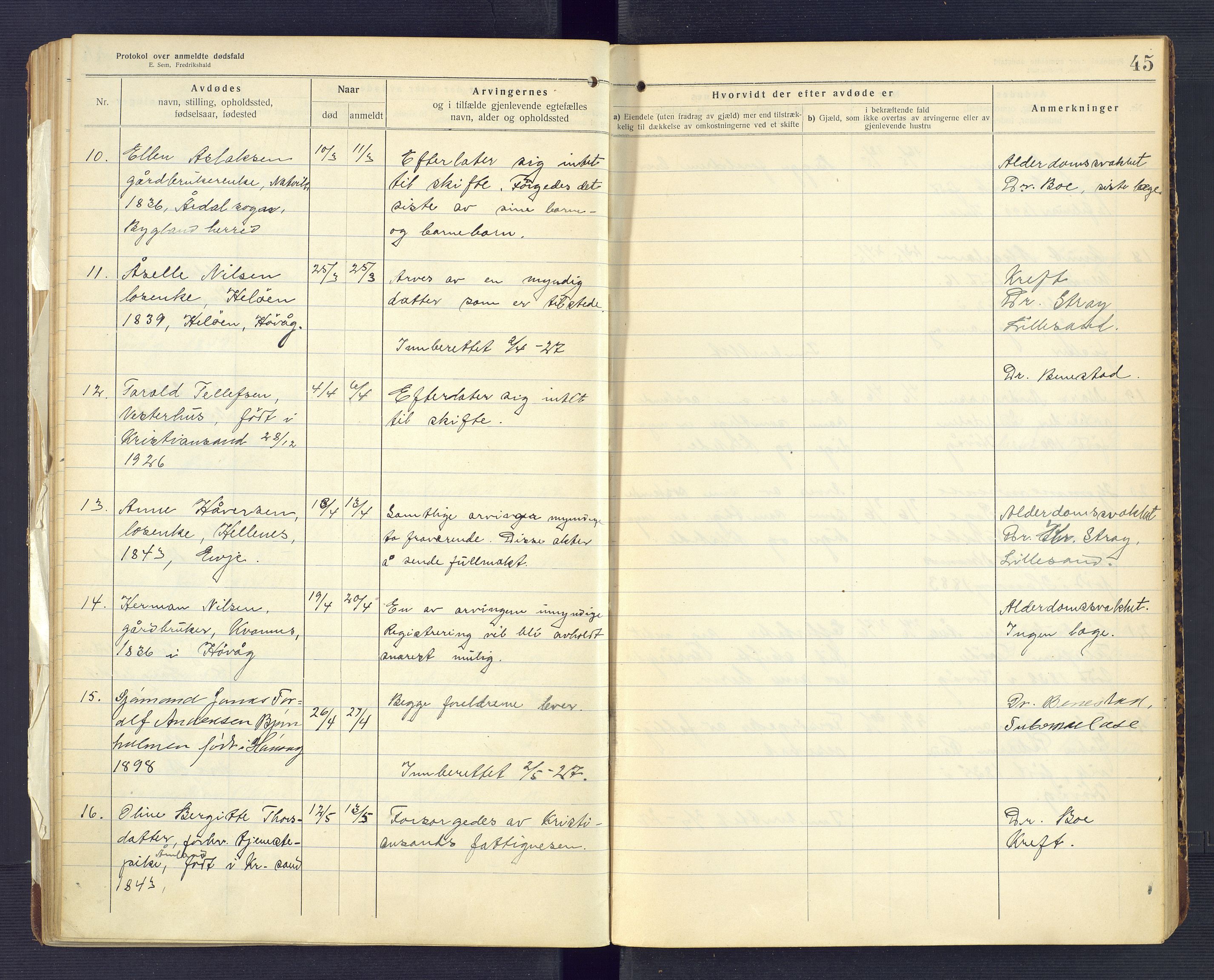 Høvåg lensmannskontor, SAK/1241-0024/F/Fe/L0041: Protokoll over anmeldte dødsfall, 1916-1933, p. 45