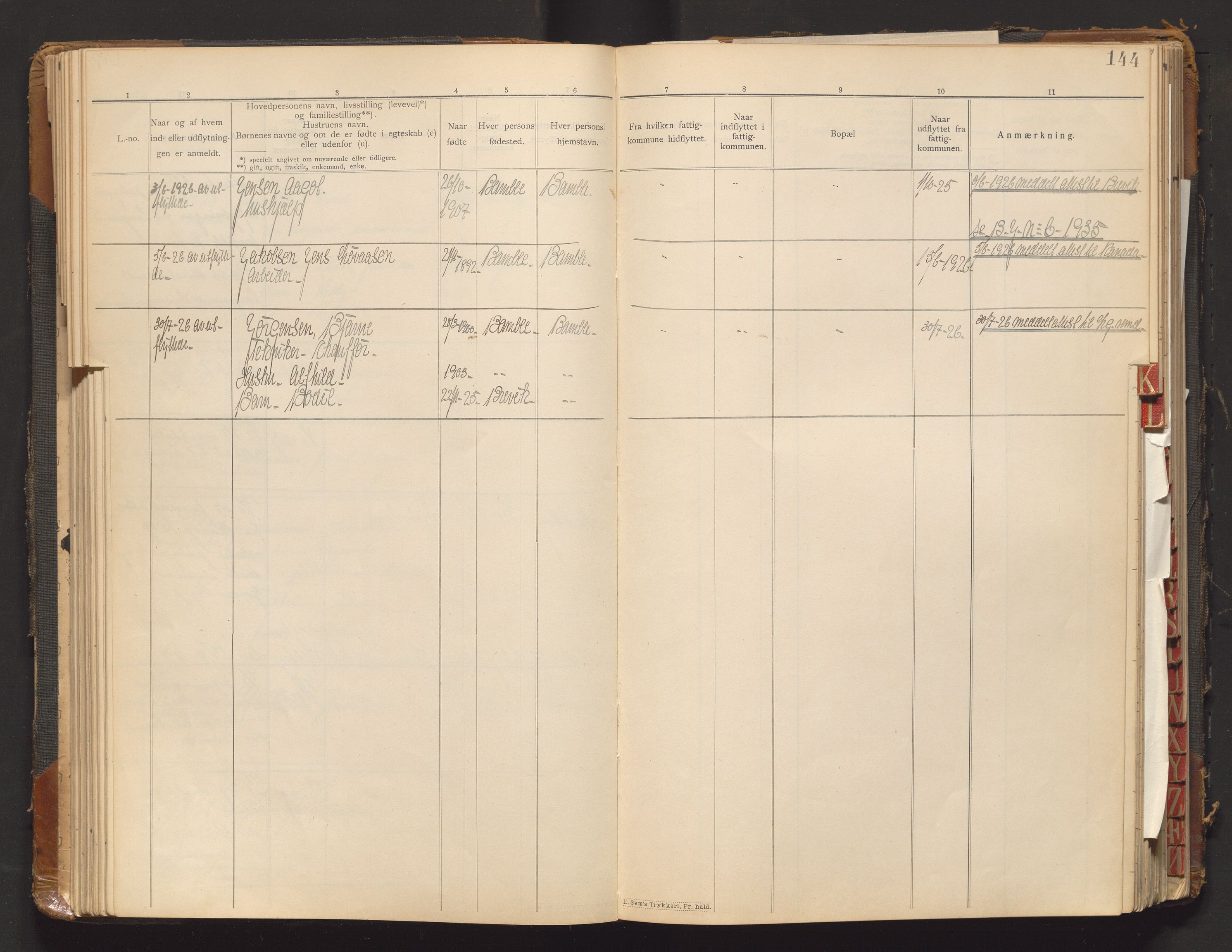 Bamble lensmannskontor, AV/SAKO-A-552/O/Oa/L0001: Protokoll over inn- og utflyttede - Bamble, 1901-1933, p. 144