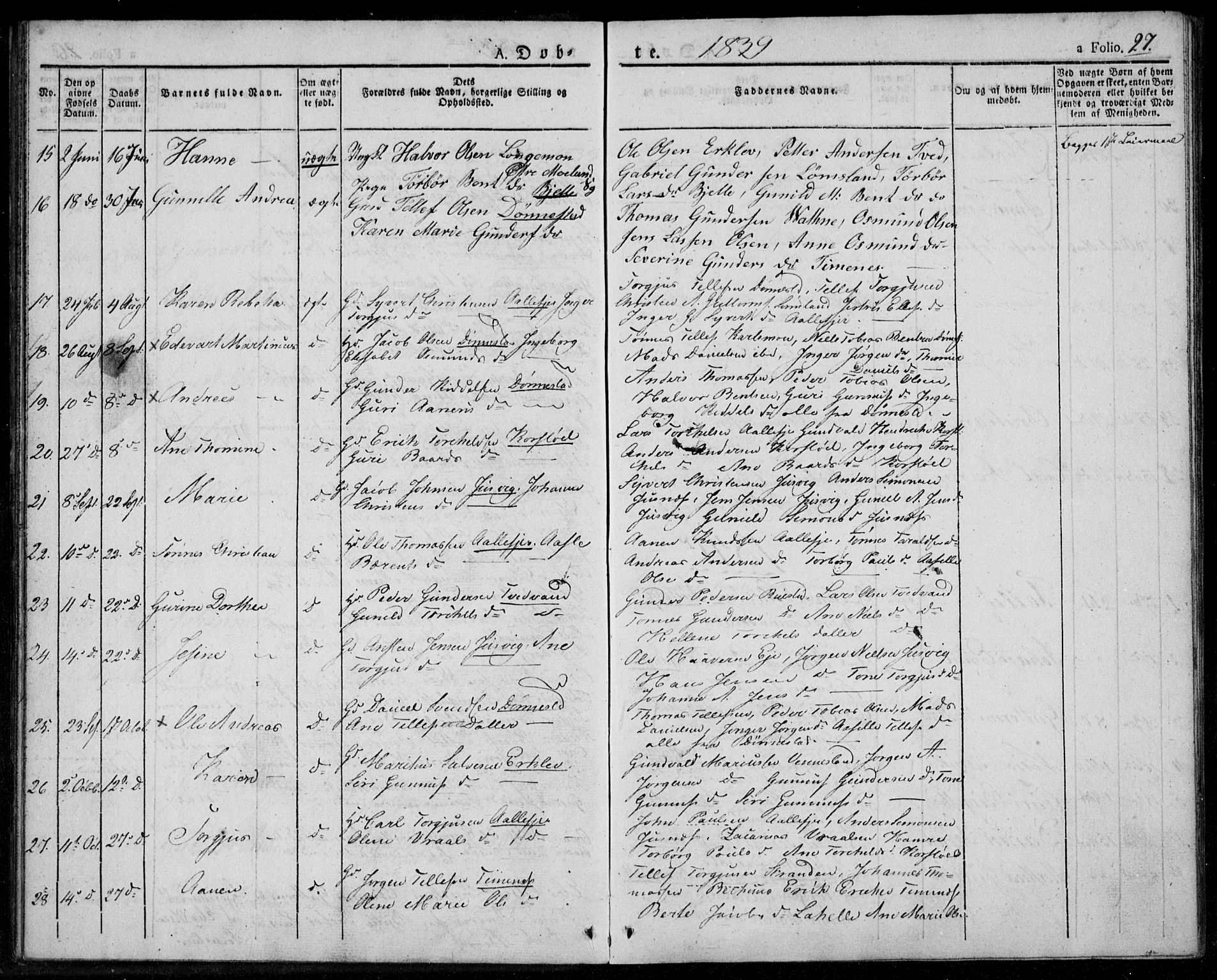 Tveit sokneprestkontor, AV/SAK-1111-0043/F/Fa/L0003: Parish register (official) no. A 3, 1829-1852, p. 27