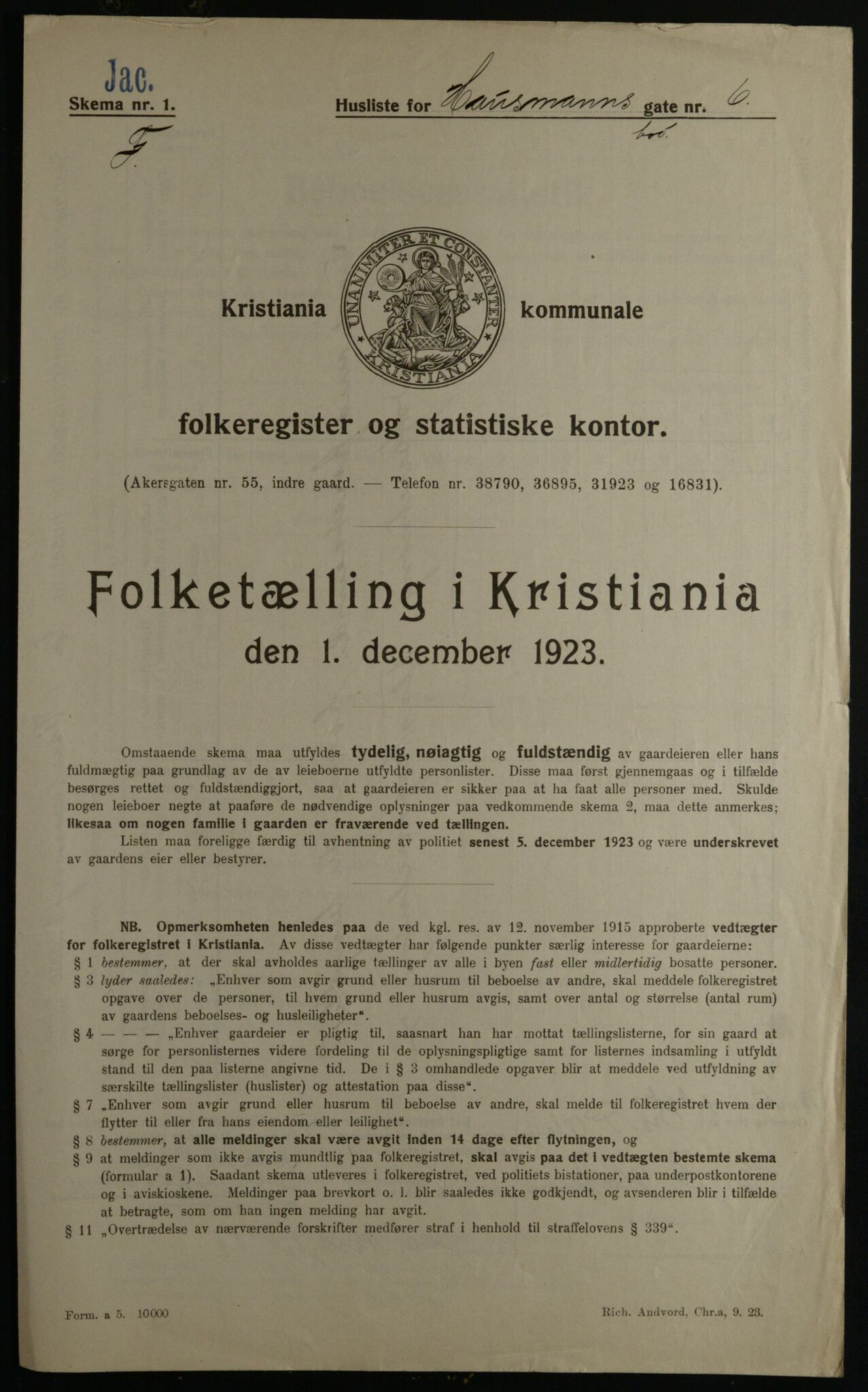 OBA, Municipal Census 1923 for Kristiania, 1923, p. 39328