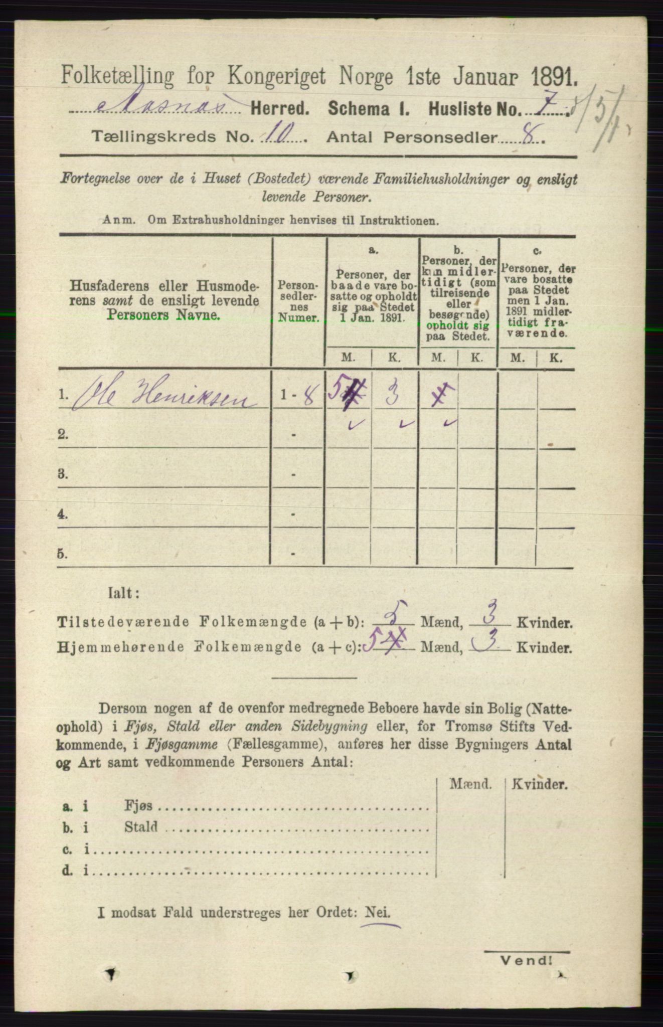 RA, 1891 census for 0425 Åsnes, 1891, p. 4995