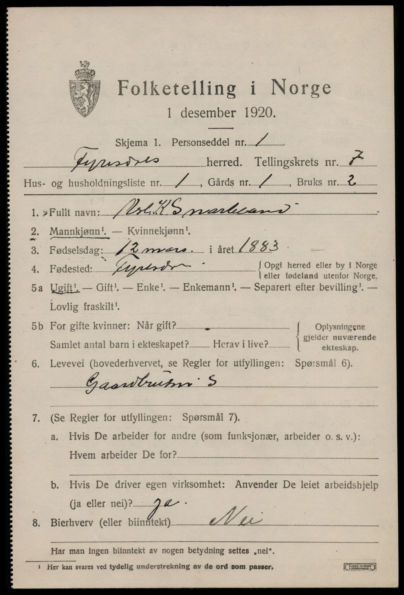 SAKO, 1920 census for Fyresdal, 1920, p. 2671