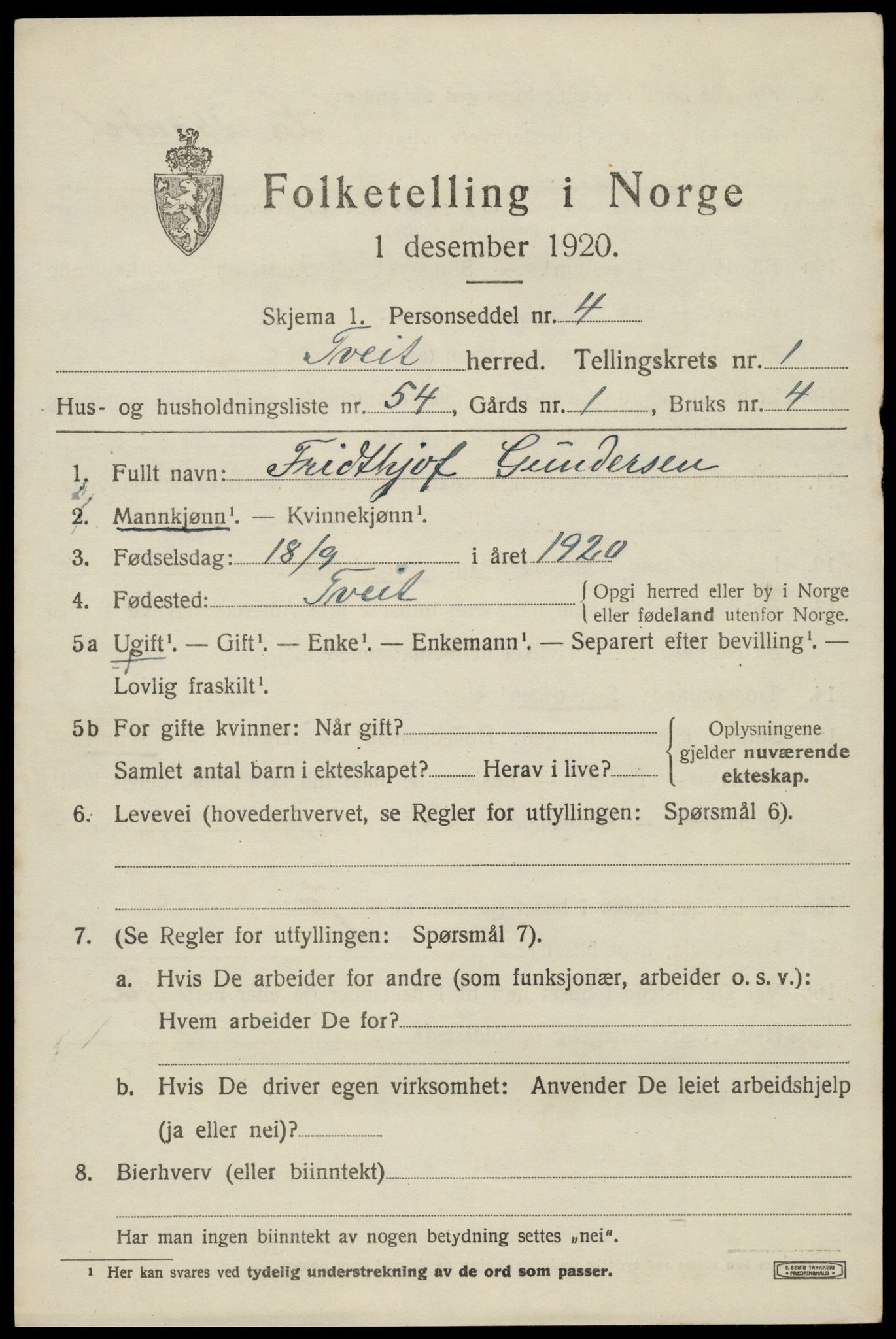 SAK, 1920 census for Tveit, 1920, p. 1218