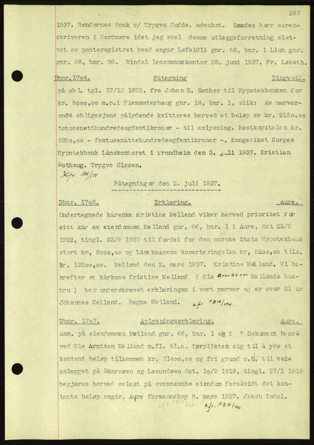 Nordmøre sorenskriveri, AV/SAT-A-4132/1/2/2Ca: Mortgage book no. C80, 1936-1939, Diary no: : 1704/1937