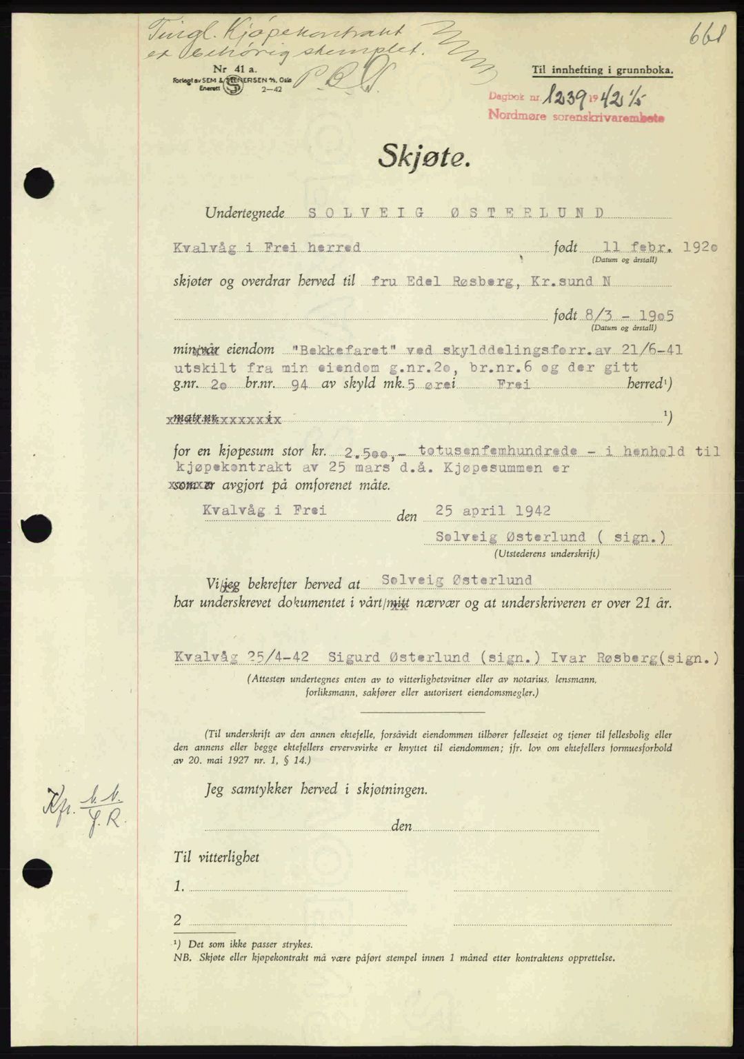 Nordmøre sorenskriveri, AV/SAT-A-4132/1/2/2Ca: Mortgage book no. A92, 1942-1942, Diary no: : 1239/1942