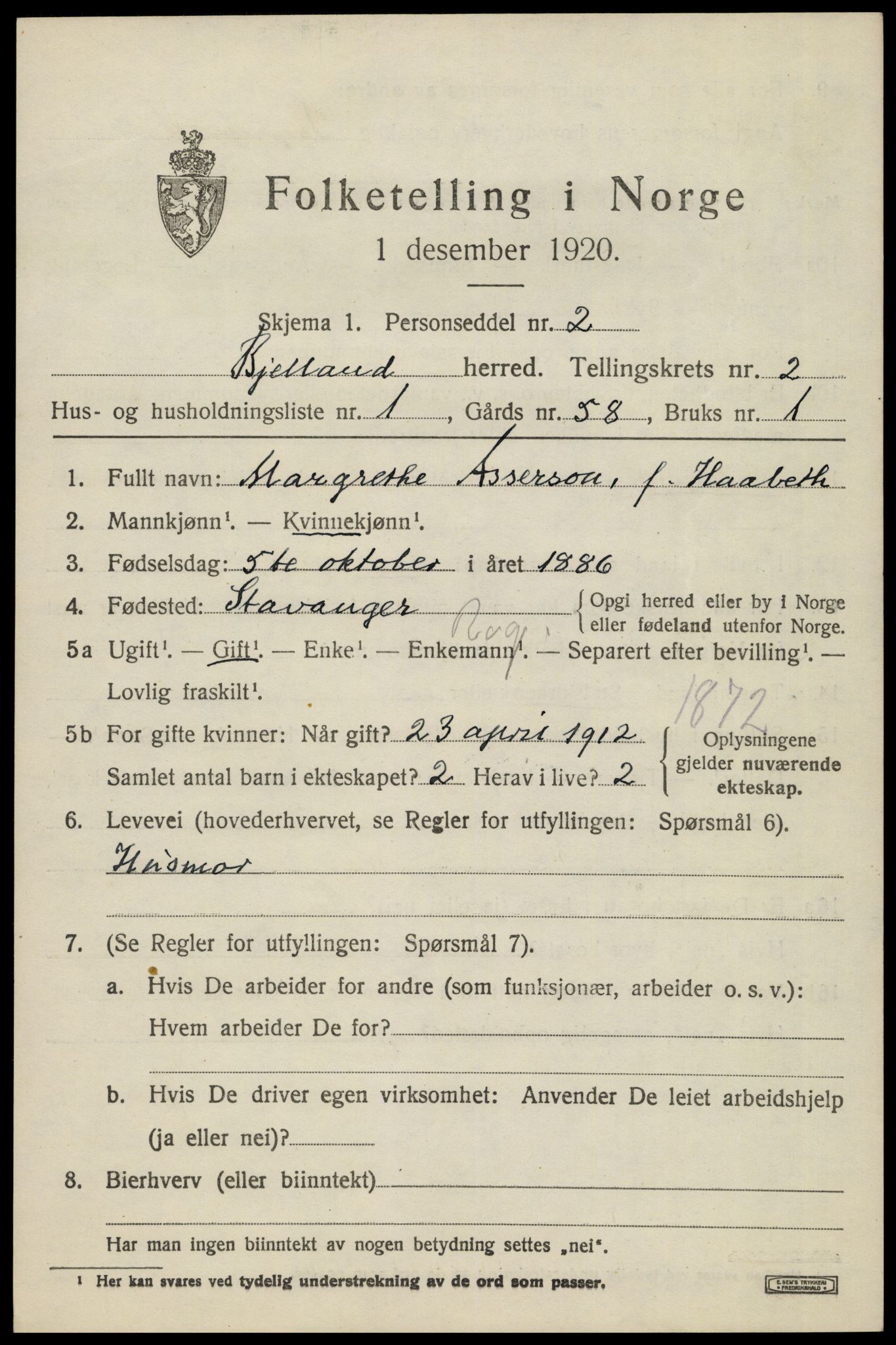 SAK, 1920 census for Bjelland, 1920, p. 705