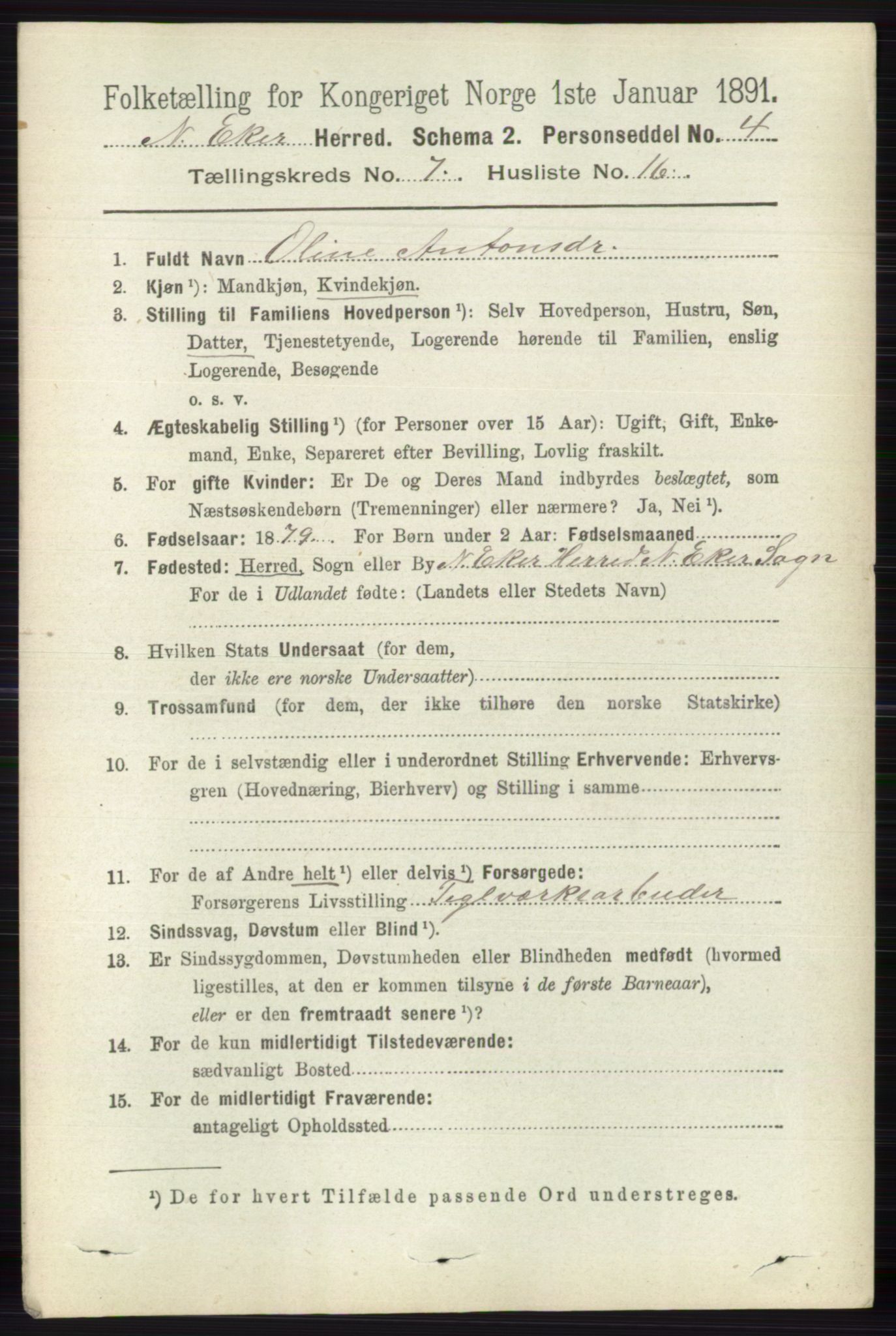 RA, 1891 census for 0625 Nedre Eiker, 1891, p. 3497