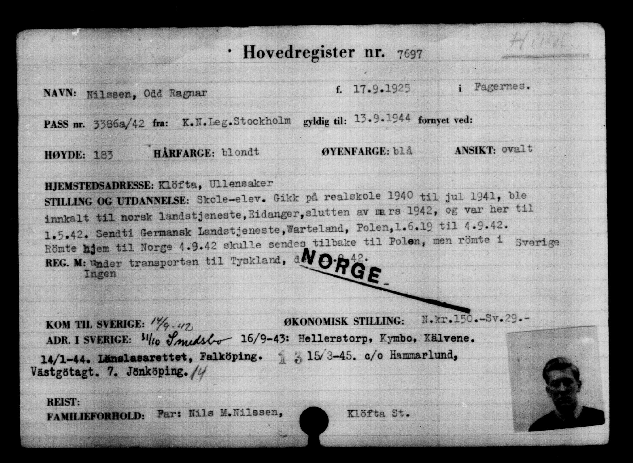 Utenriksstasjonene, Legasjonen i Stockholm, Flyktningkontoret, AV/RA-S-6753/V/Va/L0005: Kjesäterkartoteket, flyktninger med registreringsnr. 6600-9417, 1940-1945, p. 1282