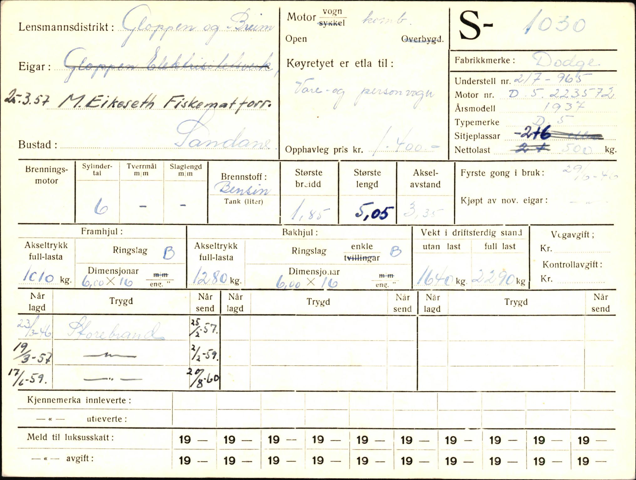 Statens vegvesen, Sogn og Fjordane vegkontor, AV/SAB-A-5301/4/F/L0003: Registerkort utmeldte Fjordane S1000-2499, 1930-1961, p. 54