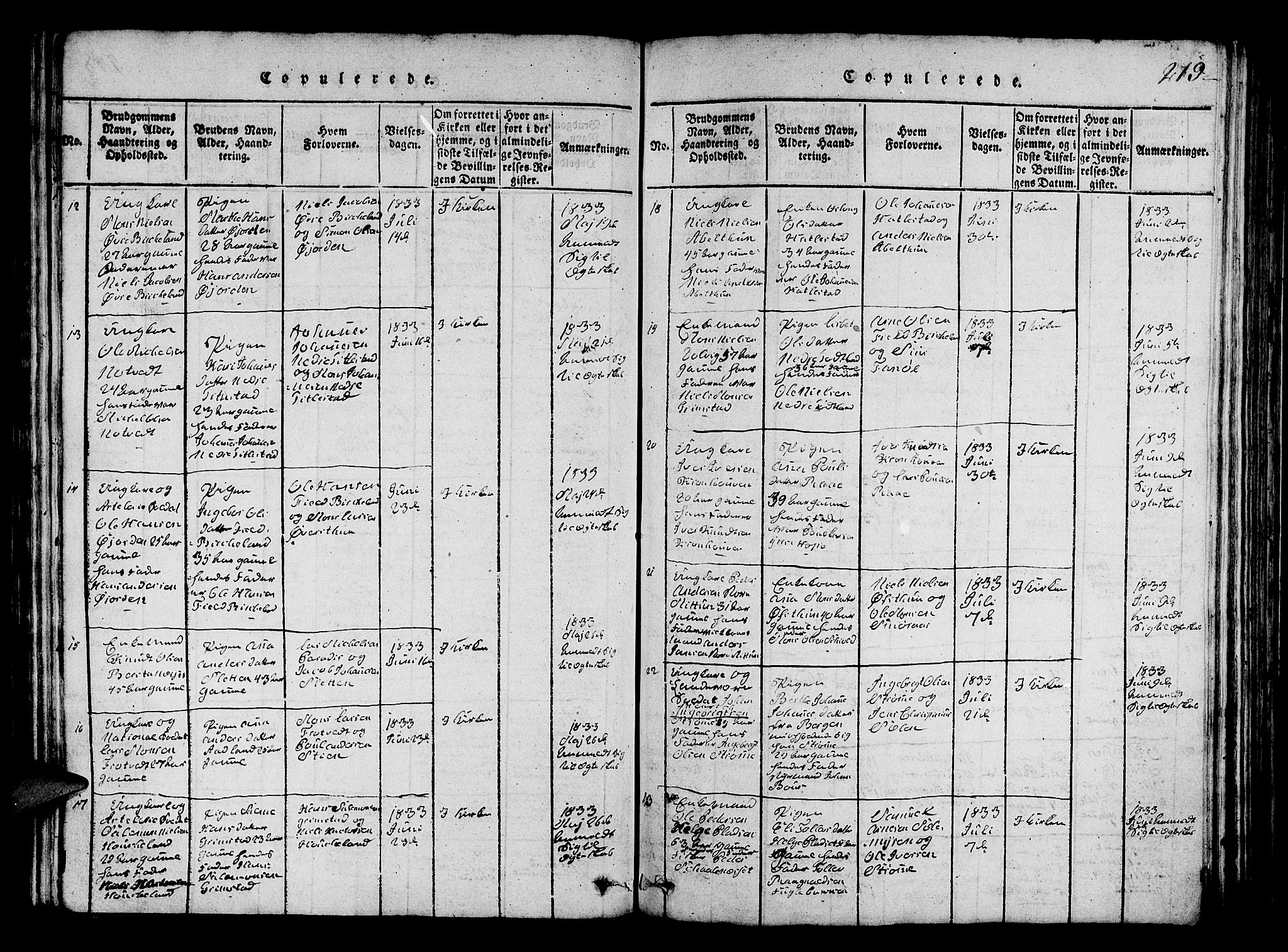 Fana Sokneprestembete, AV/SAB-A-75101/H/Hab/Haba/L0001: Parish register (copy) no. A 1, 1816-1836, p. 219