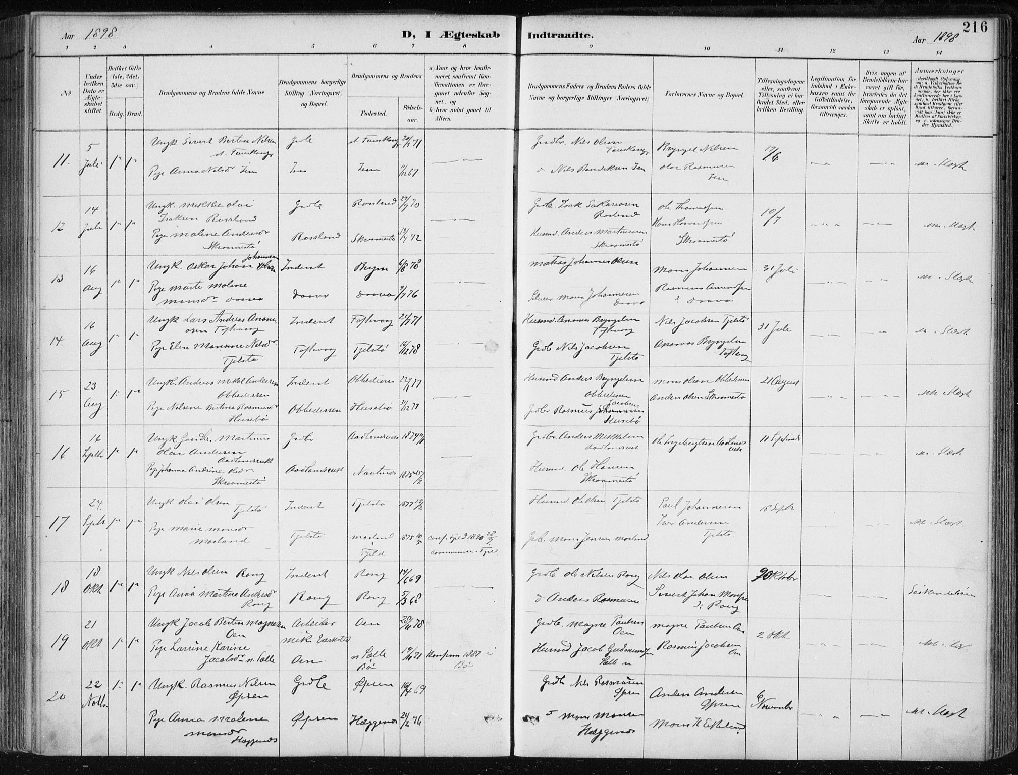 Herdla Sokneprestembete, AV/SAB-A-75701/H/Haa: Parish register (official) no. A 4, 1891-1905, p. 216