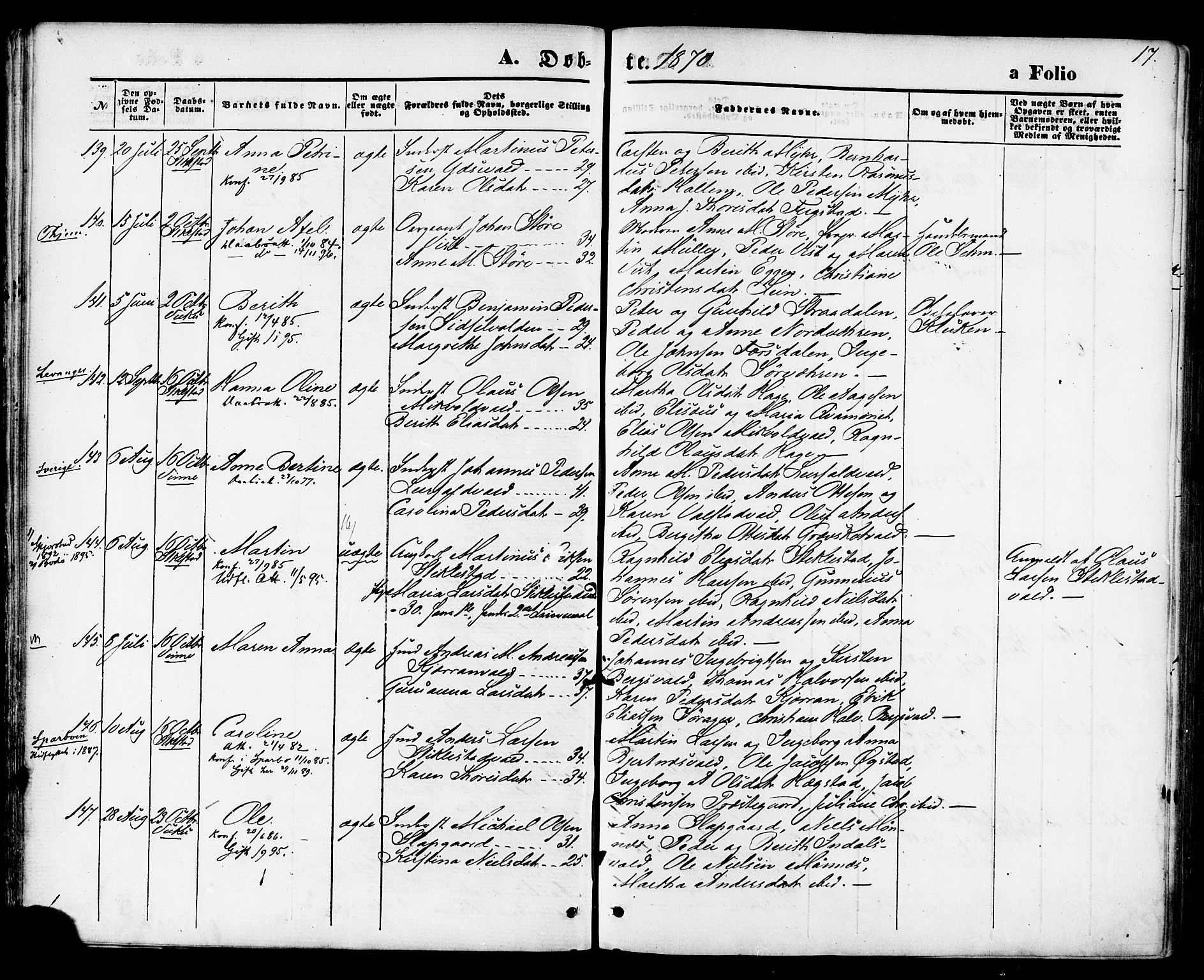 Ministerialprotokoller, klokkerbøker og fødselsregistre - Nord-Trøndelag, AV/SAT-A-1458/723/L0242: Parish register (official) no. 723A11, 1870-1880, p. 17