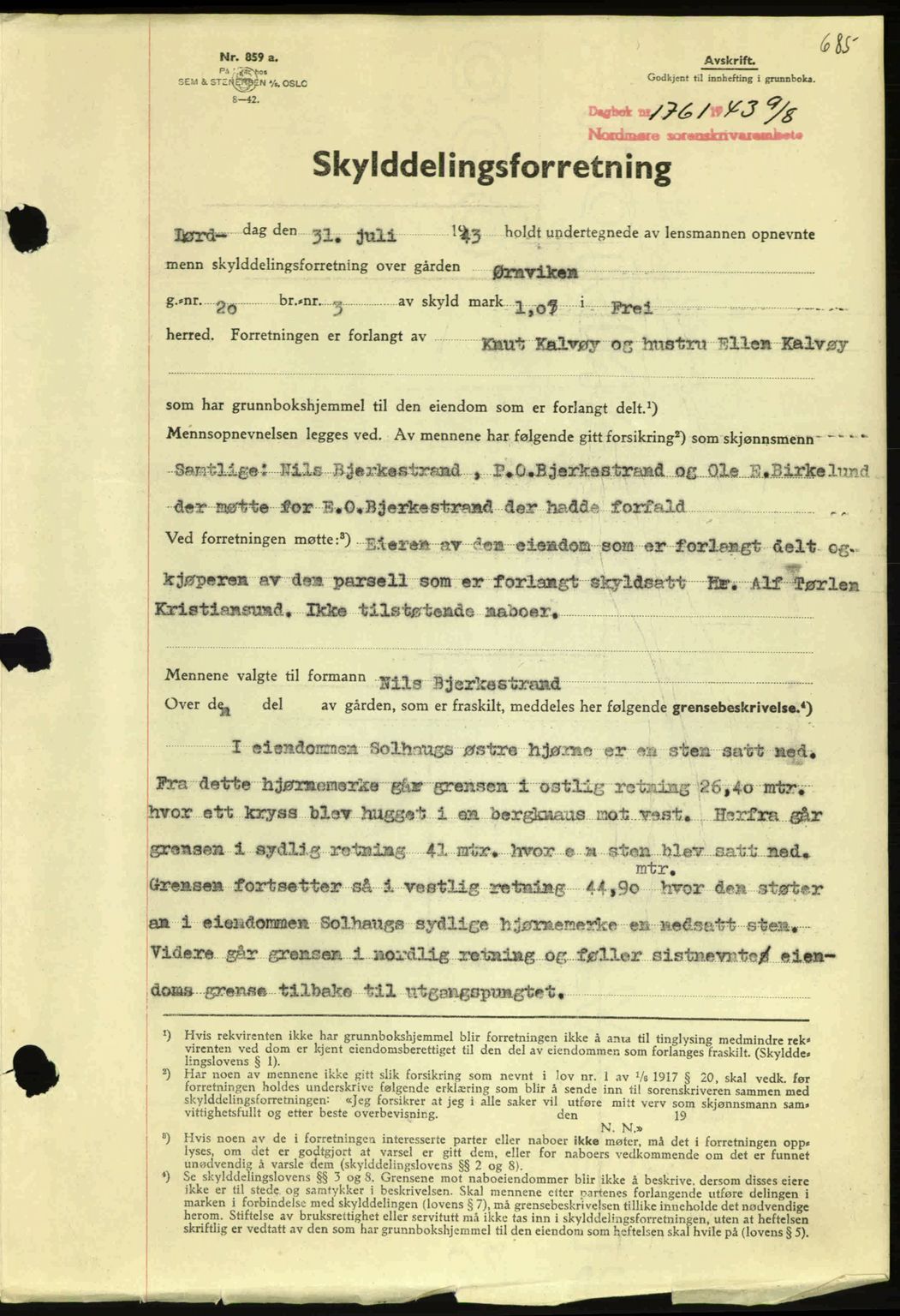 Nordmøre sorenskriveri, AV/SAT-A-4132/1/2/2Ca: Mortgage book no. A95, 1943-1943, Diary no: : 1761/1943